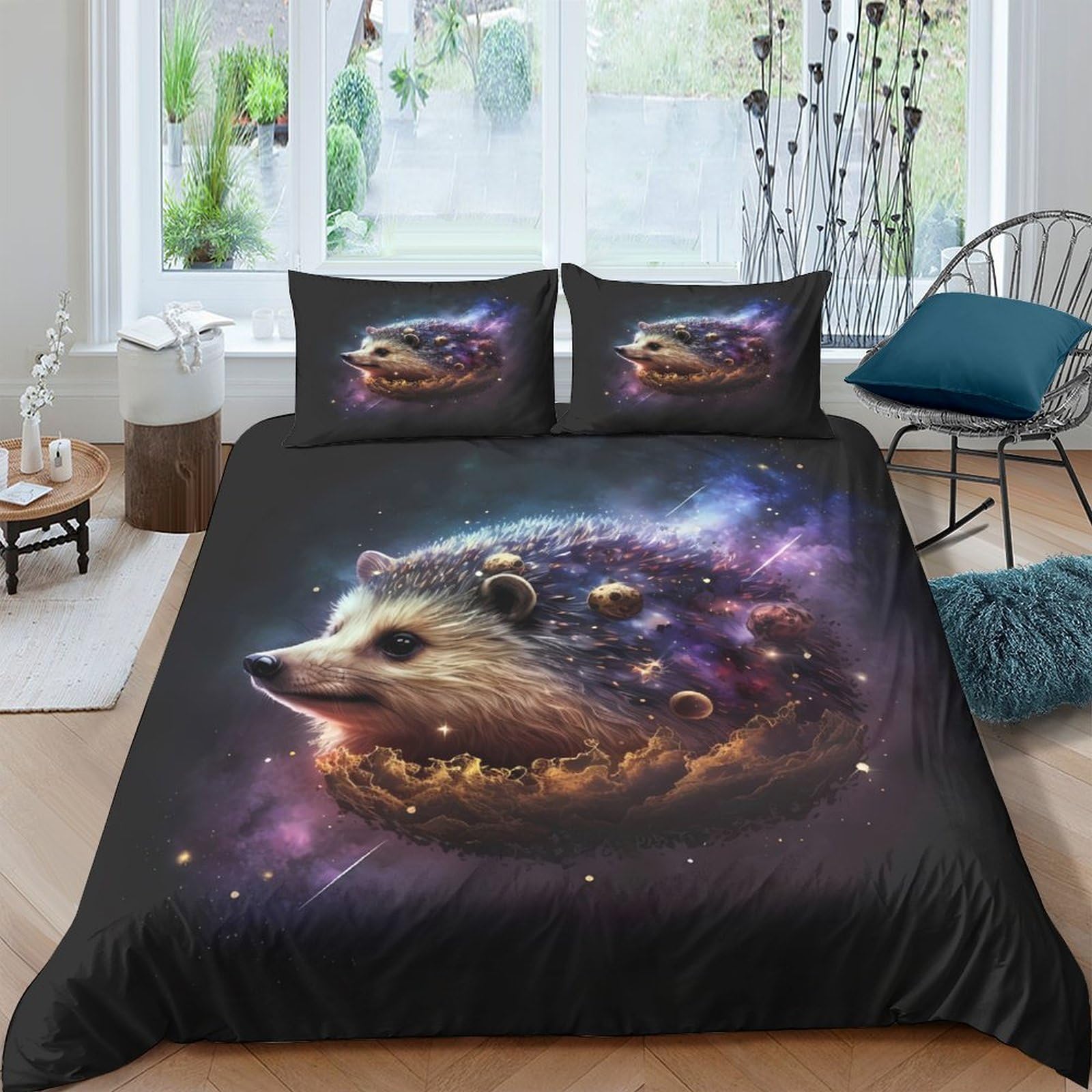GPLZQXKJNH 3D Printed Galaxy Hedgehog Duvet Cover Set Microfiber Breathable Nebula Bedding Set with 2 Pillowcases for Bedroom Decor Single（135x200cm）