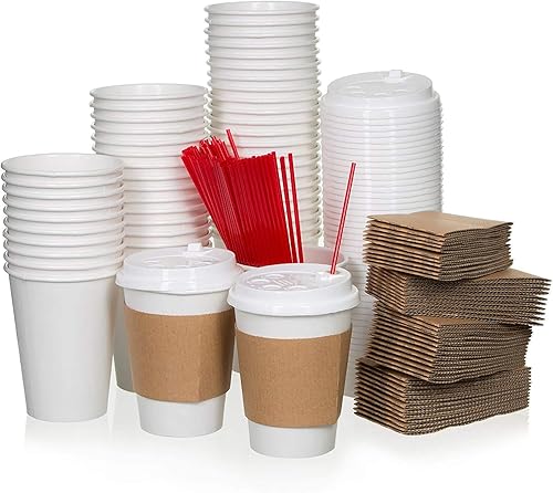 SafeWare Juego de tazas de café blancas – Paquete de 100 tazas de café desechables con tapas de 12 onzas, perfecto para bebidas calientes, expreso,