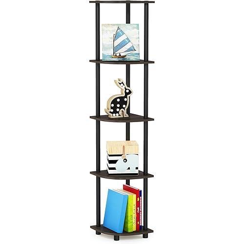 Furinno TURN-N-TUBE Corner Shelf, 5-Tier Corner Bookshelf, Open Storage Shelves, for Organization and Storage, Living Room, Home Office, Garage, Bedroom, Dark Brown Grain