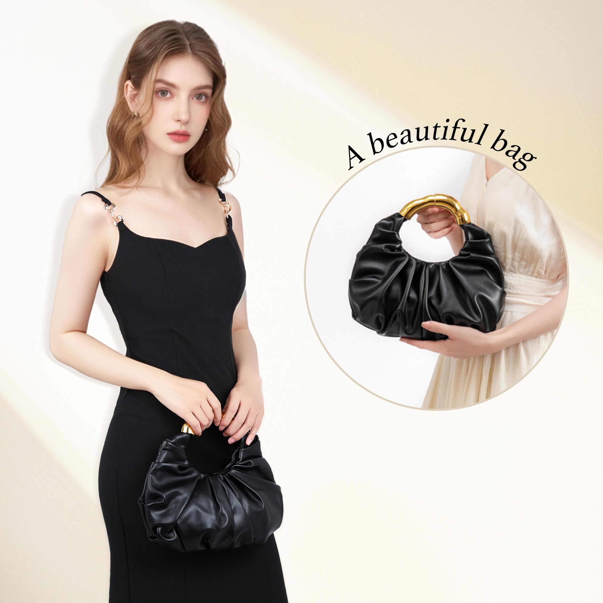 Clutch Purse for Women - Evening Clutch PU Leather Pleated Bag Designer Handbag for Party Prom Wedding: Bamboo Gold Black