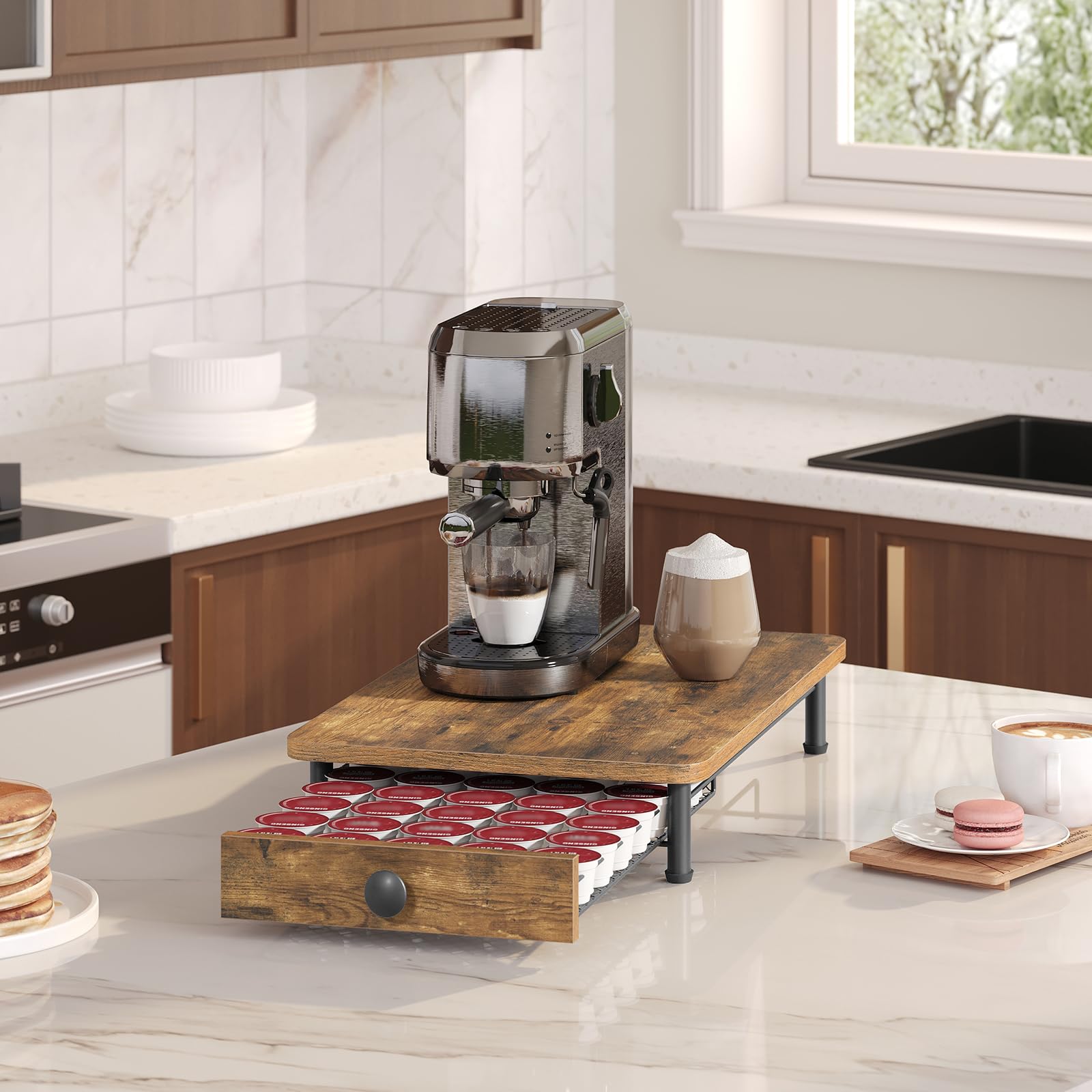 YATINEY Tiroir à Capsules de Café, Porte-Capsules compatible avec Nespresso et K-Cups, capacité de 35, Support de Machine à Café, panier en maille, pour bureau, Marron Rustique et Noir XKH08BRG1