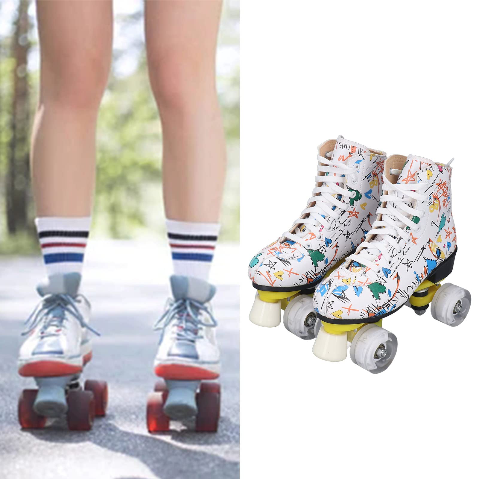 Roller Hockey Skates Double Row 4 Wheel Roller Skates Graffiti Roller Skates Skating Shoes Adjustable Roller Skates for Kids and Adults White (39)