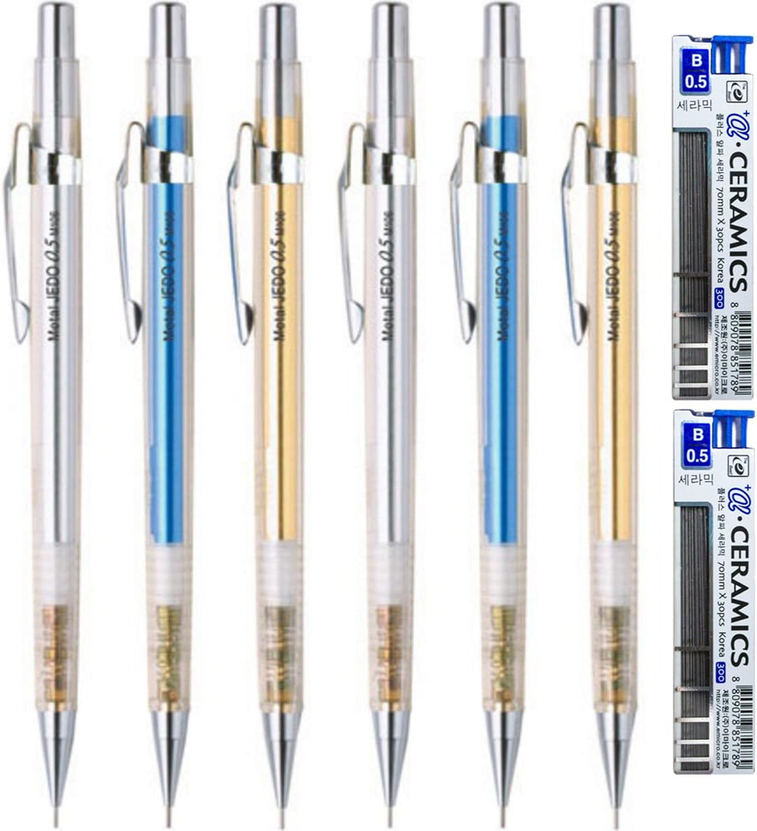 eMicro Metal Jedo Mechanical Pencil M106 Bundle with Lead Refill, 0.5mm, Assorted Colors (6-Pack + Lead, Assorted)