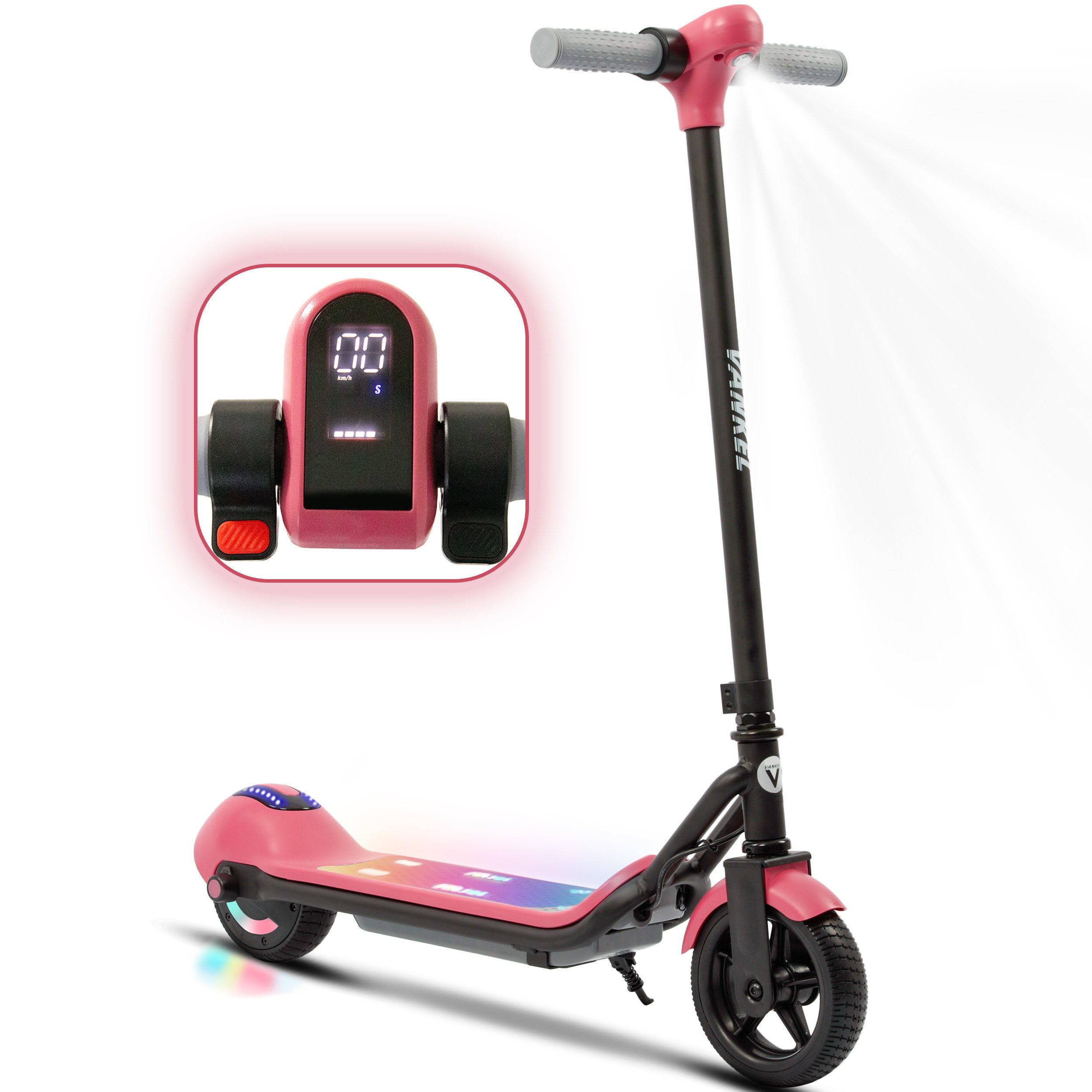 Patinete eléctrico infantil para 6 – 12 años, 120 W, 3 – 8 km autonomía, scooter eléctrico plegable, EBS garantiza una parada, máx. 14 km/h, luces LED coloridas, pantalla LED, velocidad 14 km/h