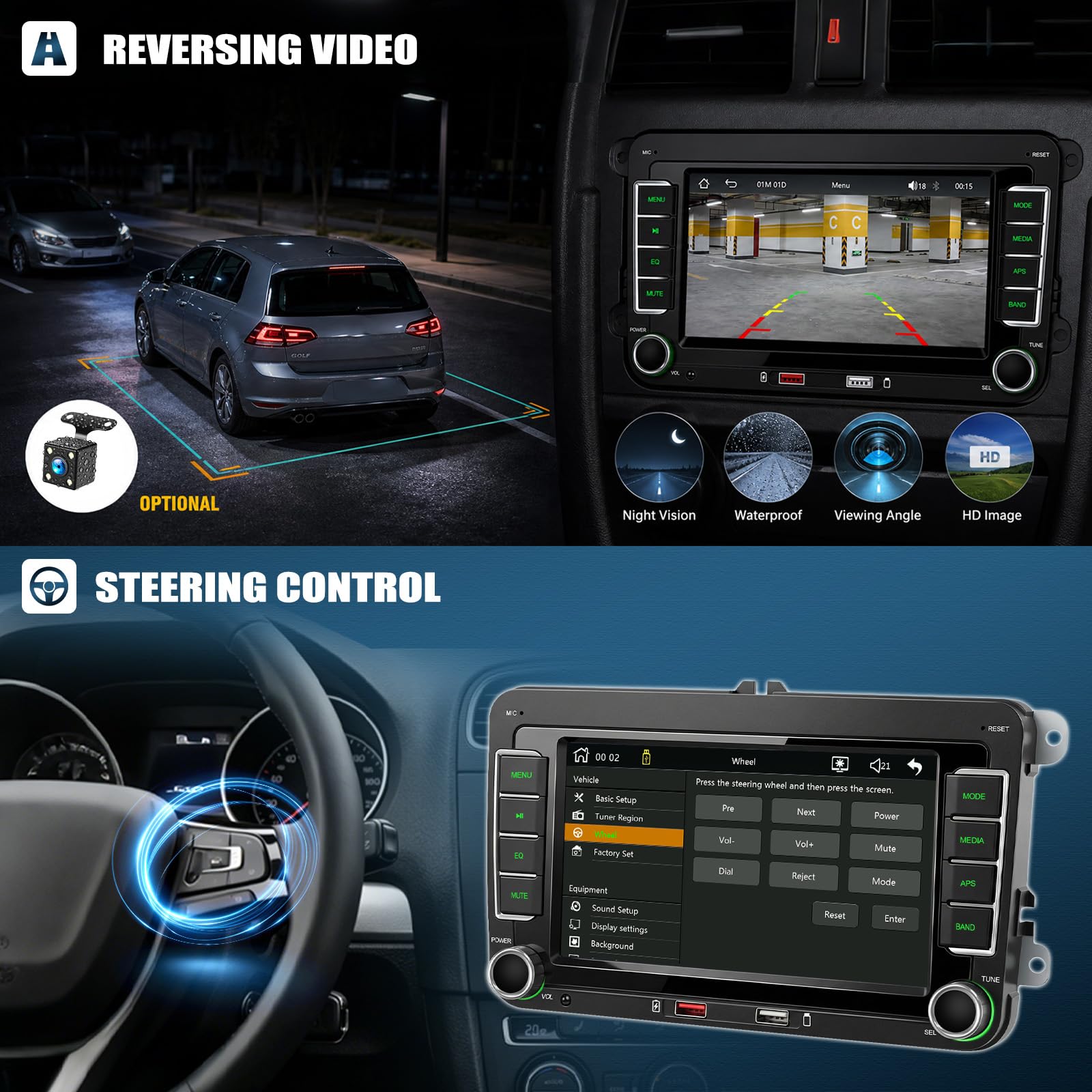 CAMECHO Odtwarzacz samochodowy z CarPlay dla VW Golf 5 i 6 oraz Polo z Android Auto ekranem dotykowym IPS 7 cali 2 Din radio FM AM RDS Bluetooth MirrorLink dwa porty USB SWC i Canbus