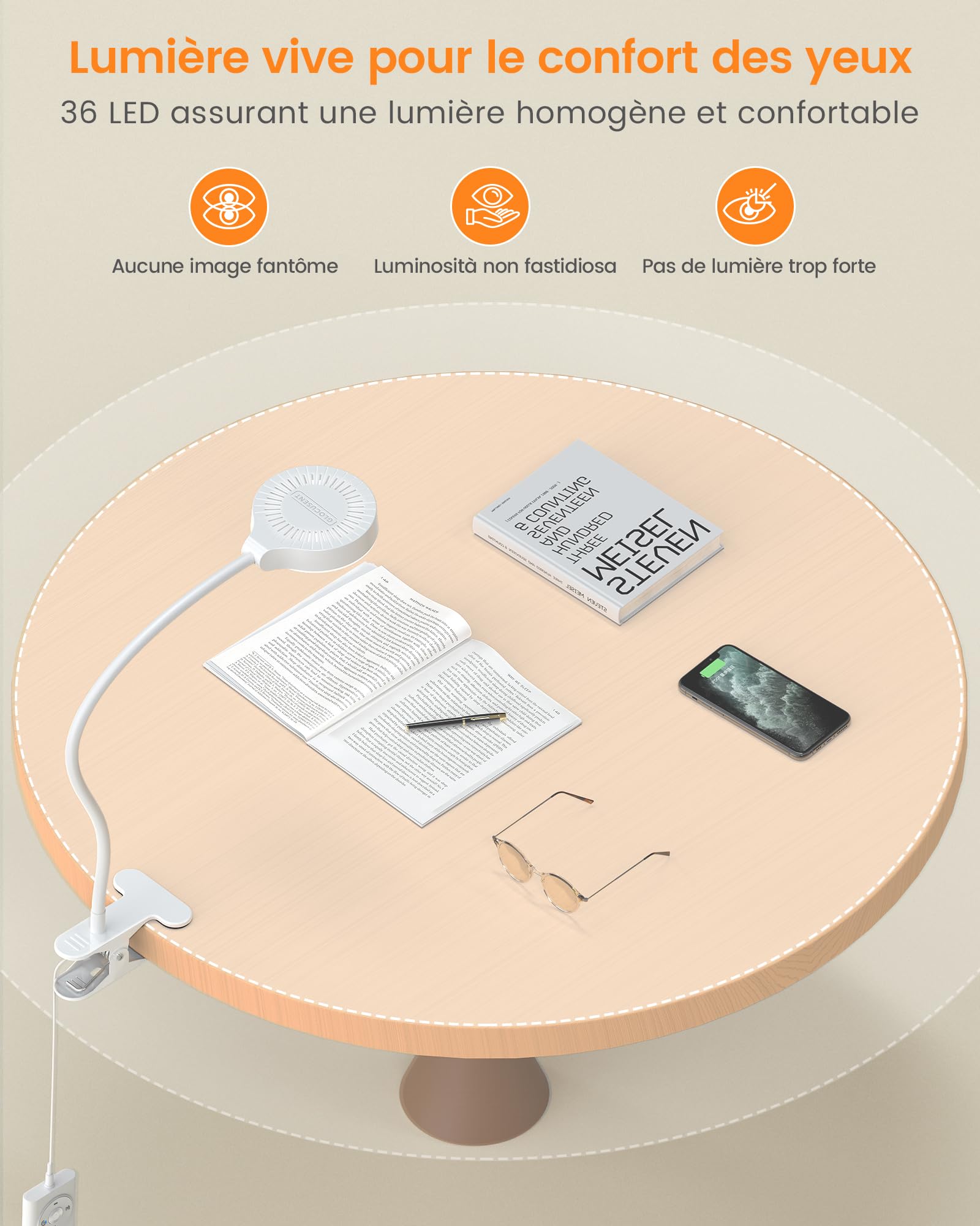 Glocusent Lampe de Lecture à Pince, 5W, 3 Couleurs, minuterie, pince stable | 36 LED, 5 Niveaux, lumière douce pour les yeux, réglage flexible, pour lit, bureau et chambre d'enfant