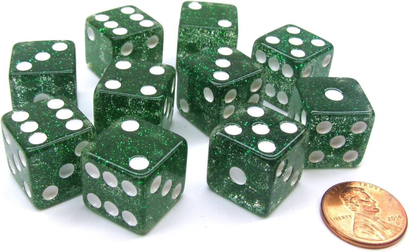 Set of 10 D6 16mm Glitter Dice - Green with White Pips