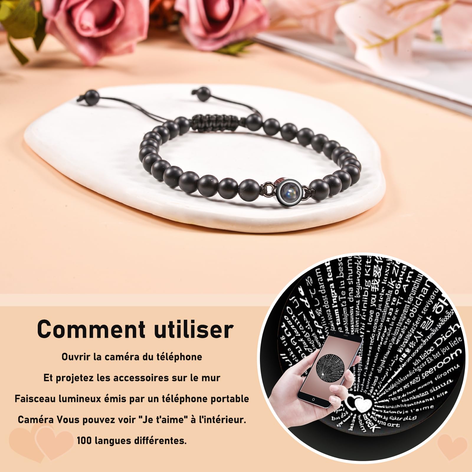 CheersLife FR,Braccialetti Di Coppia Braccialetto Di Proiezione In 100 Lingue