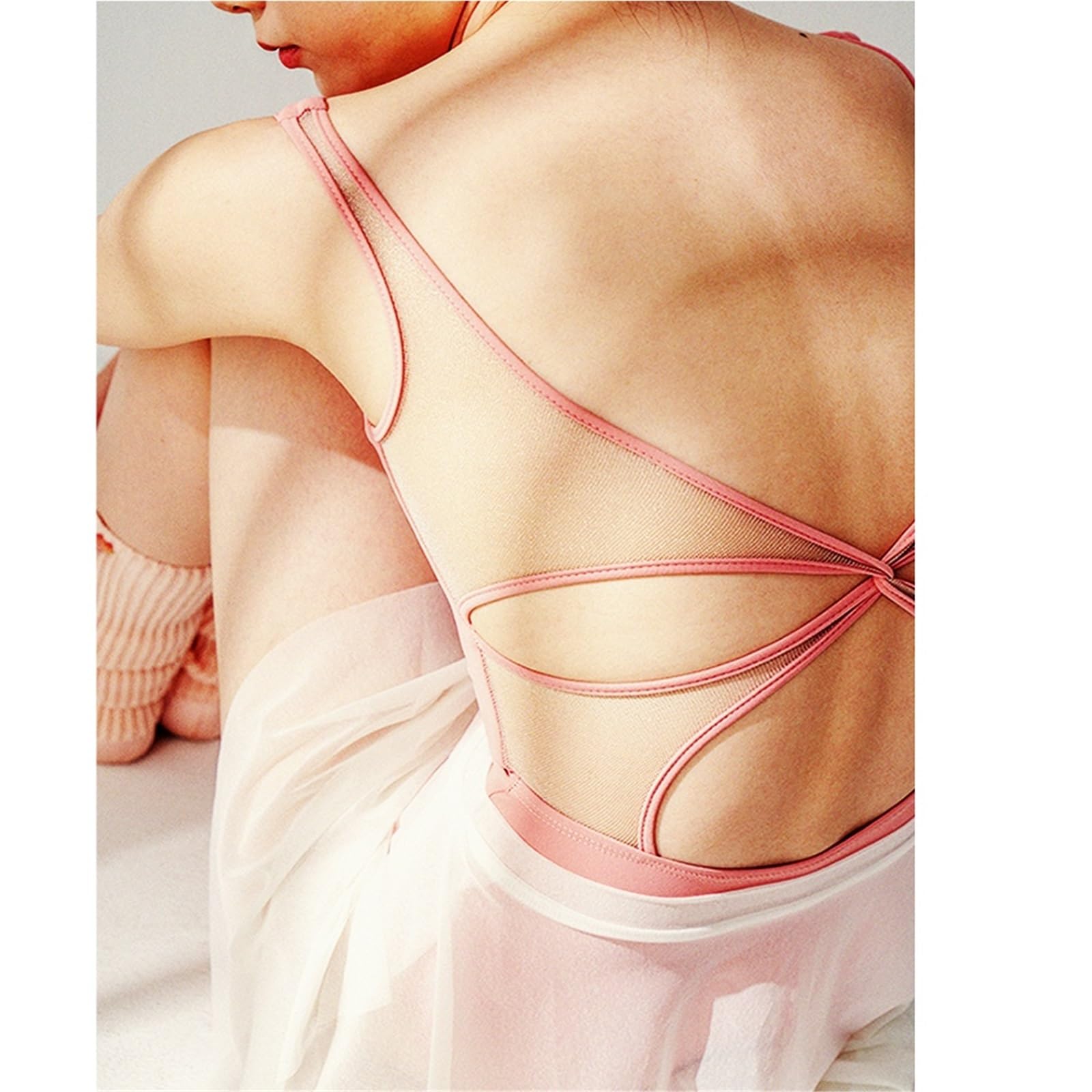 Justaucorps de Ballet Justaucorps de Ballet for Femmes, Manches Trompette, Justaucorps de Danse, col Montant, Maille plissée, épissure, Justaucorps de Gymnastique for Femmes(Pink,L)