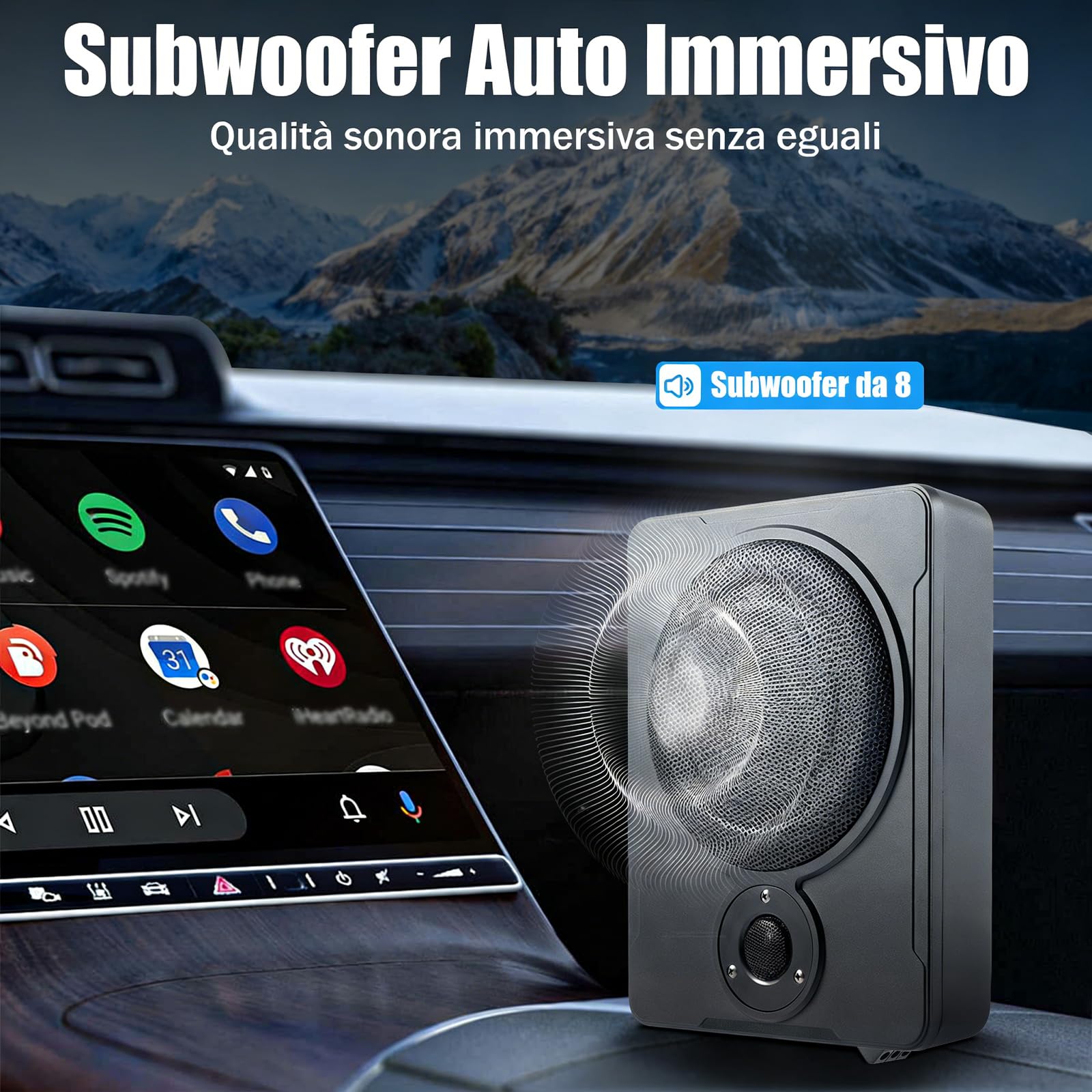 Subwoofer per auto da 8 pollici, 300W, compatto, amplificatore per auto con cavo remoto, altoparlanti attivi alti e subwoofer amplificatore,Con luce LED