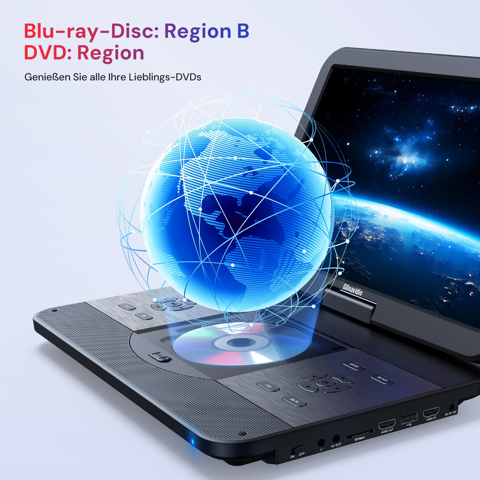 GOnavidio 15,4 Zoll Tragbarer Blu Ray DVD Player Mit HDMI Kabel, 270 ° drehbar HD 1920x1080, Blue Ray Player Tragbar Inklusive wiederaufladbarem 5 Stunden Akku USB/SD