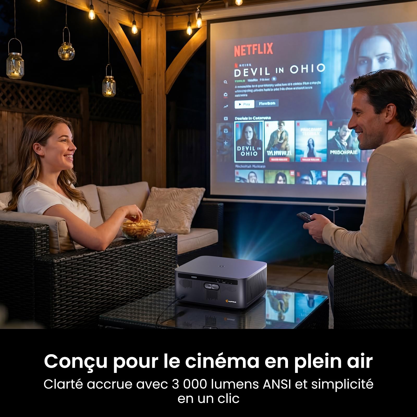 HAPPRUN Vidéoprojecteur Intelligent 3000 Lumens ANSI avec Google TV Officiel, Compatible 4K, Dolby Audio, Mise au Point et Correction Keystone Automatiques, WiFi 6 et Bluetooth, Noir