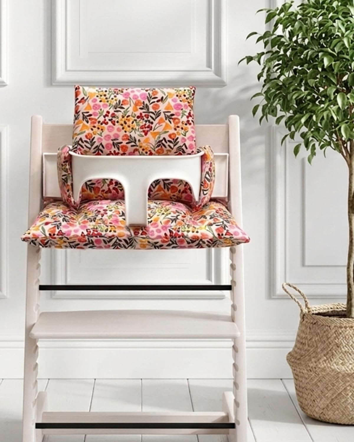 Blausberg Baby - Sitzkissen Set kompatibel mit Tripp Trapp® Stokke Hochstuhl Sitzkissen abwaschbar Oeko-Tex Baumwolle 6 cm Sitzpolster kompatibel mit Baby Set & Holzbügel & Tray Table - Flower Rosa