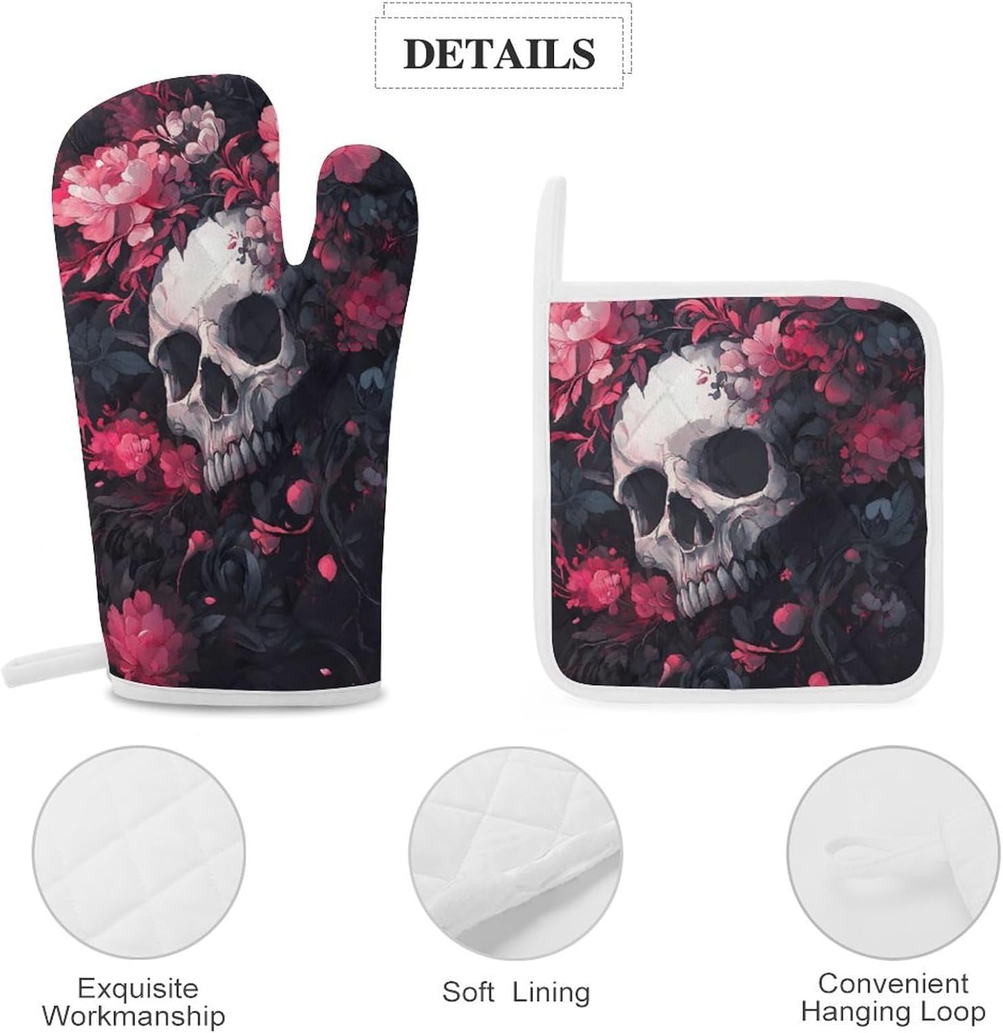 Skull Blooming Flowers Peony Oven Mitts and Pot Holders 4Pcs Set Heat Resistant Cooking Mitts Hot Pads