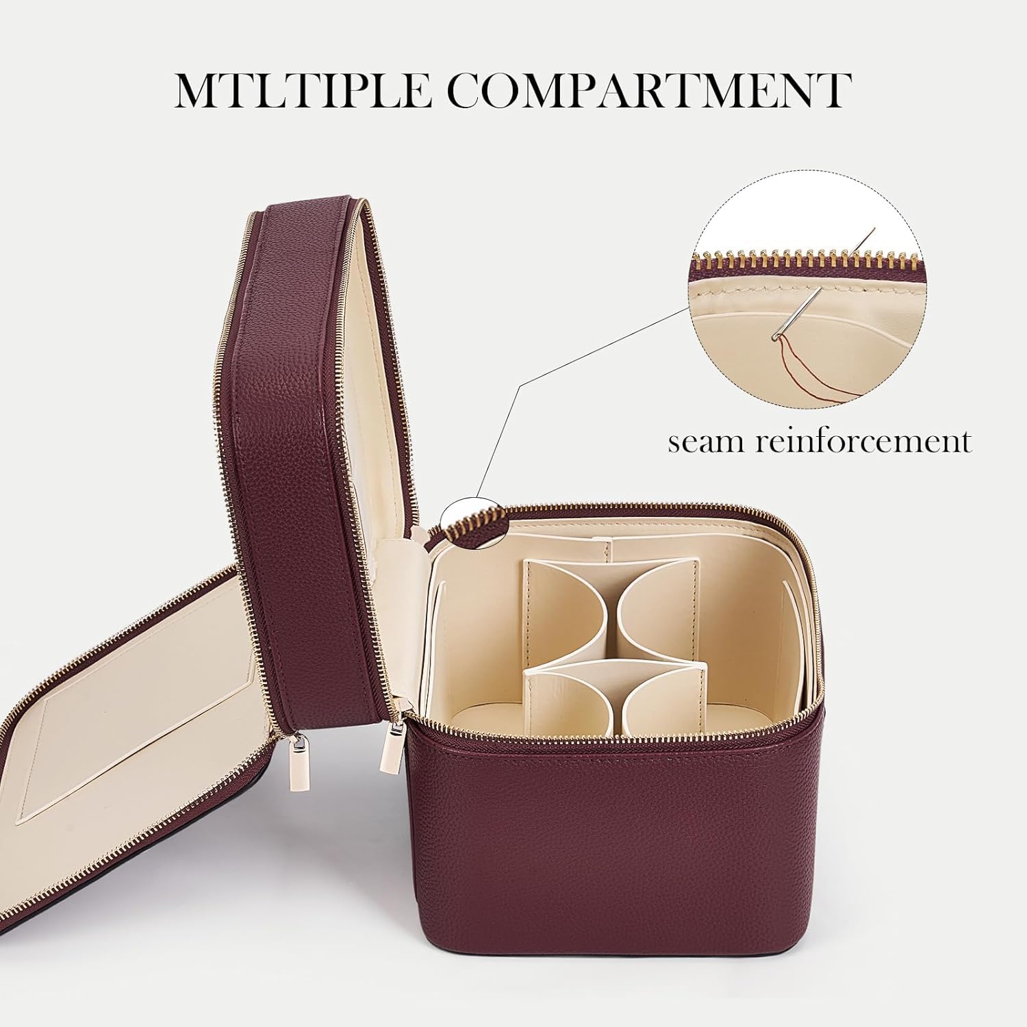 Starnearby Trousse de Maquillage Double Couche Grande Capacité en Cuir Femme, Trousse de Toilette Voyage avec Compartiments Amovibles, Vanity Maquillage Femme, Trousse Cosmétique Portable (Bordeaux)