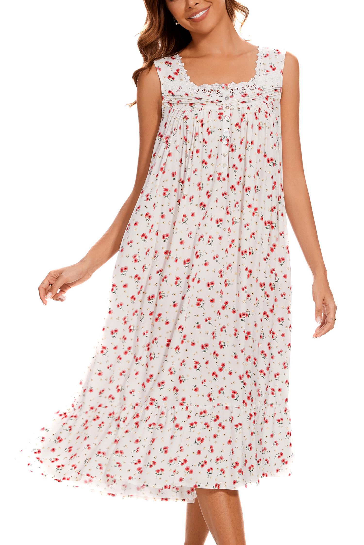 AVIIER Cotton Nightgowns for Women Sleeveless House Dress Ladies Long Nightdress with Pockets S-XXL