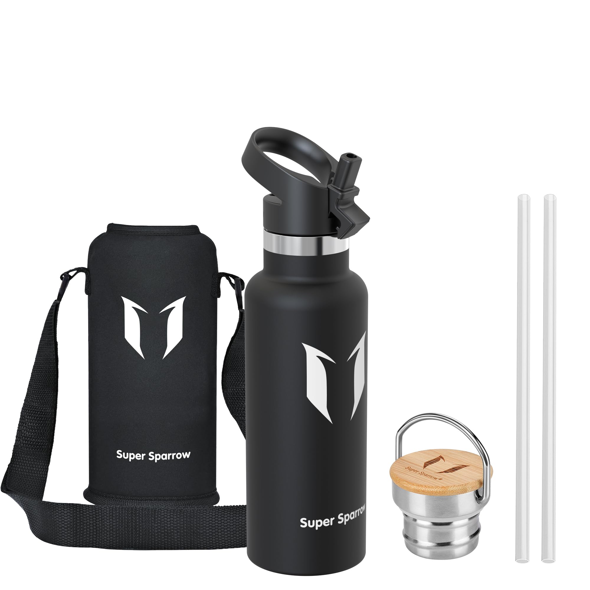 Super Sparrow Stainless Steel Water Bottle Kids - 500ml - Insulated Metal Water Bottles - Standard Mouth Flask - BPA Free - Straw Bottle for Work, Gym, Sports - 2 Lids
