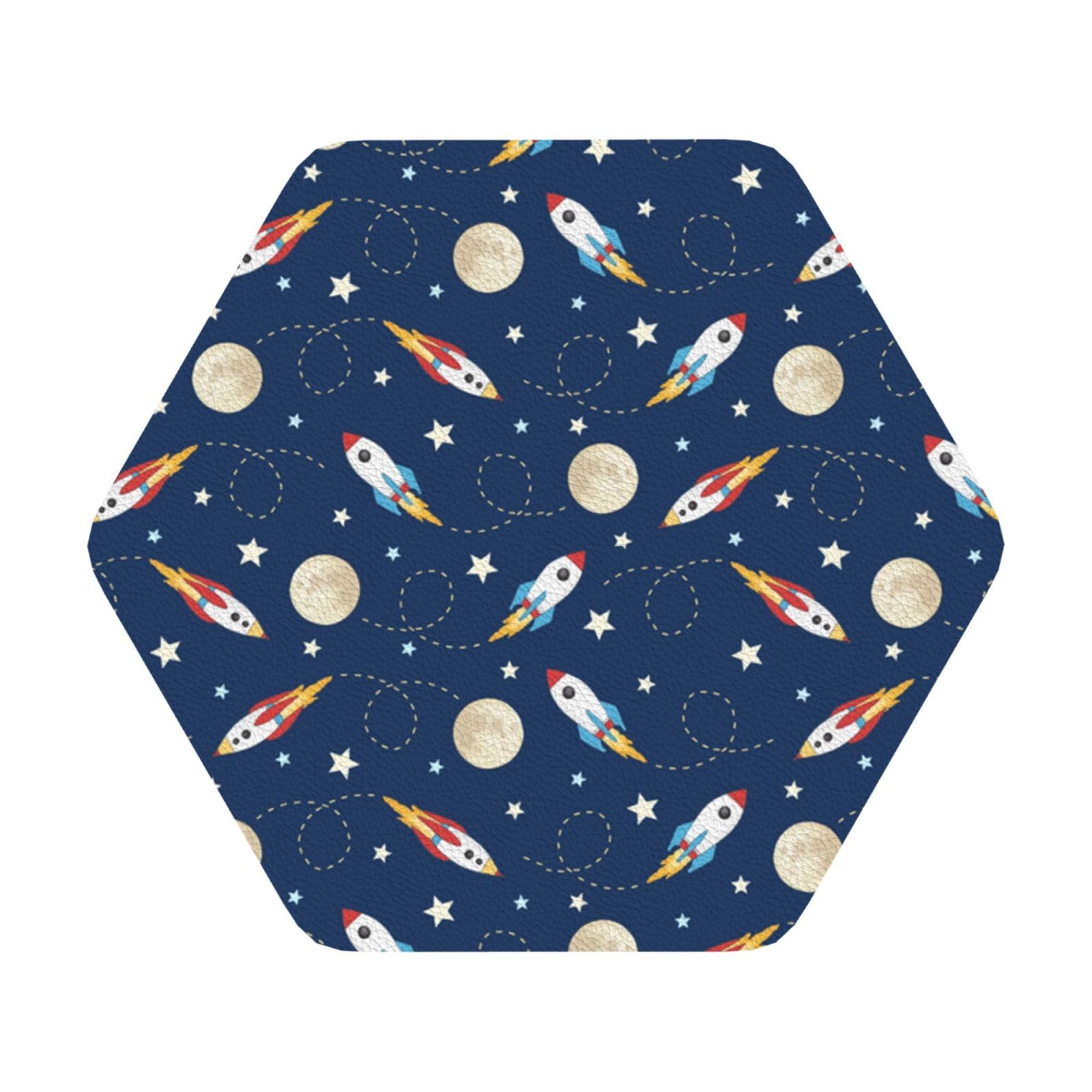 Rocket in Space PU Leather Coasters Set of 6 Hexagon Drink Coasters