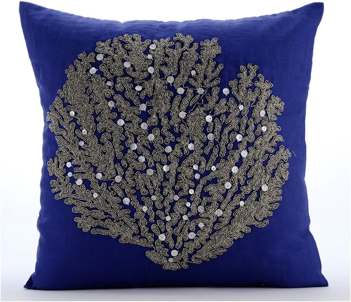 The HomeCentric Pillow Case Shams, Royal Blue Euro Sham Covers 26x26 inch (65x65 cm) Linen European Pillow Shams, Sea Creatures, Sea Weeds, Corals, Beaded, Beach Euro Pillow - Along The Shore