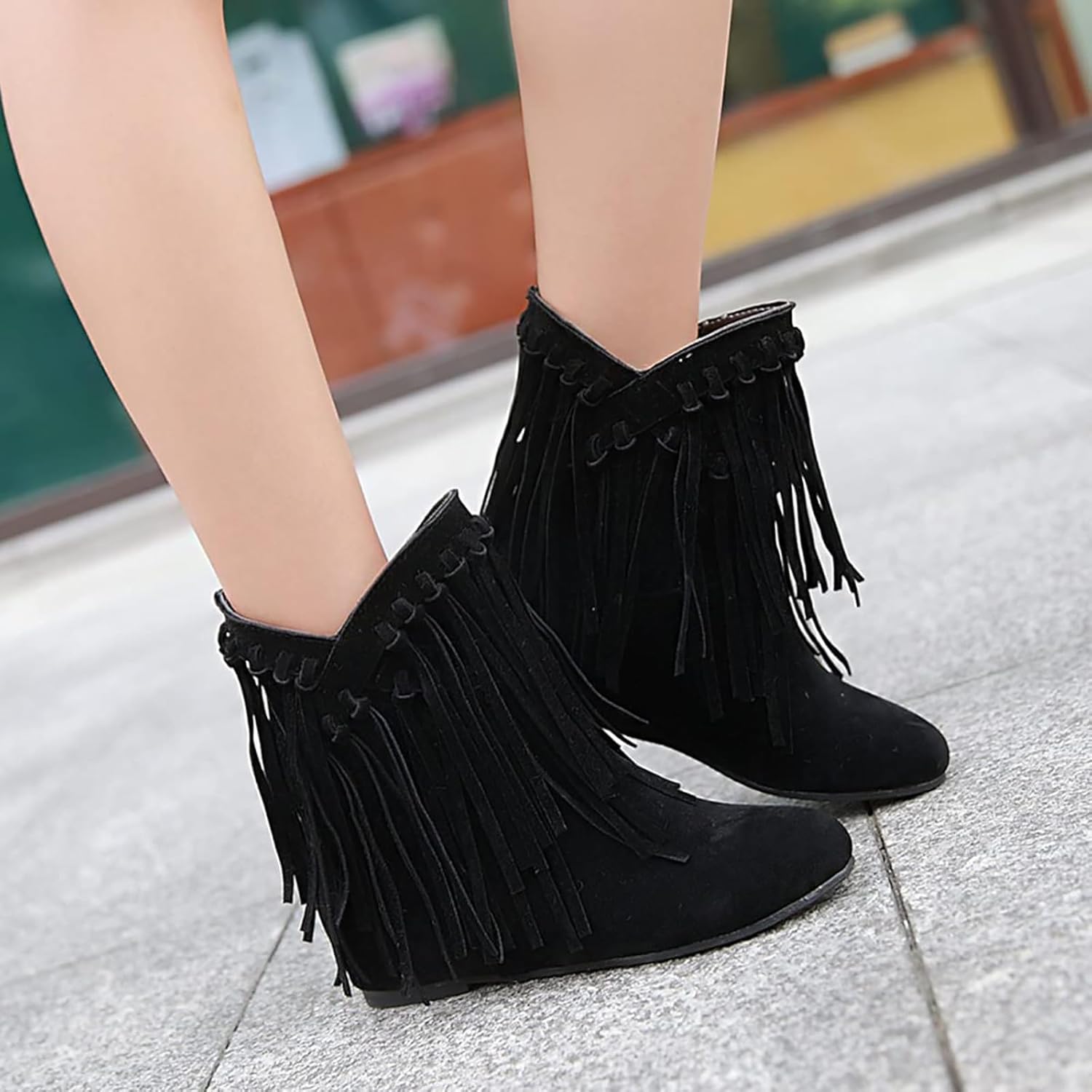 Women's Suede Tassel Fringe Flat Ankle Boots Sexy Pointed Toe Warm Fur Lining Pull-on Low Heel Internal Height Increase Moccasin Booties Fall Winter Outdoor Dress Mid Calf Boots