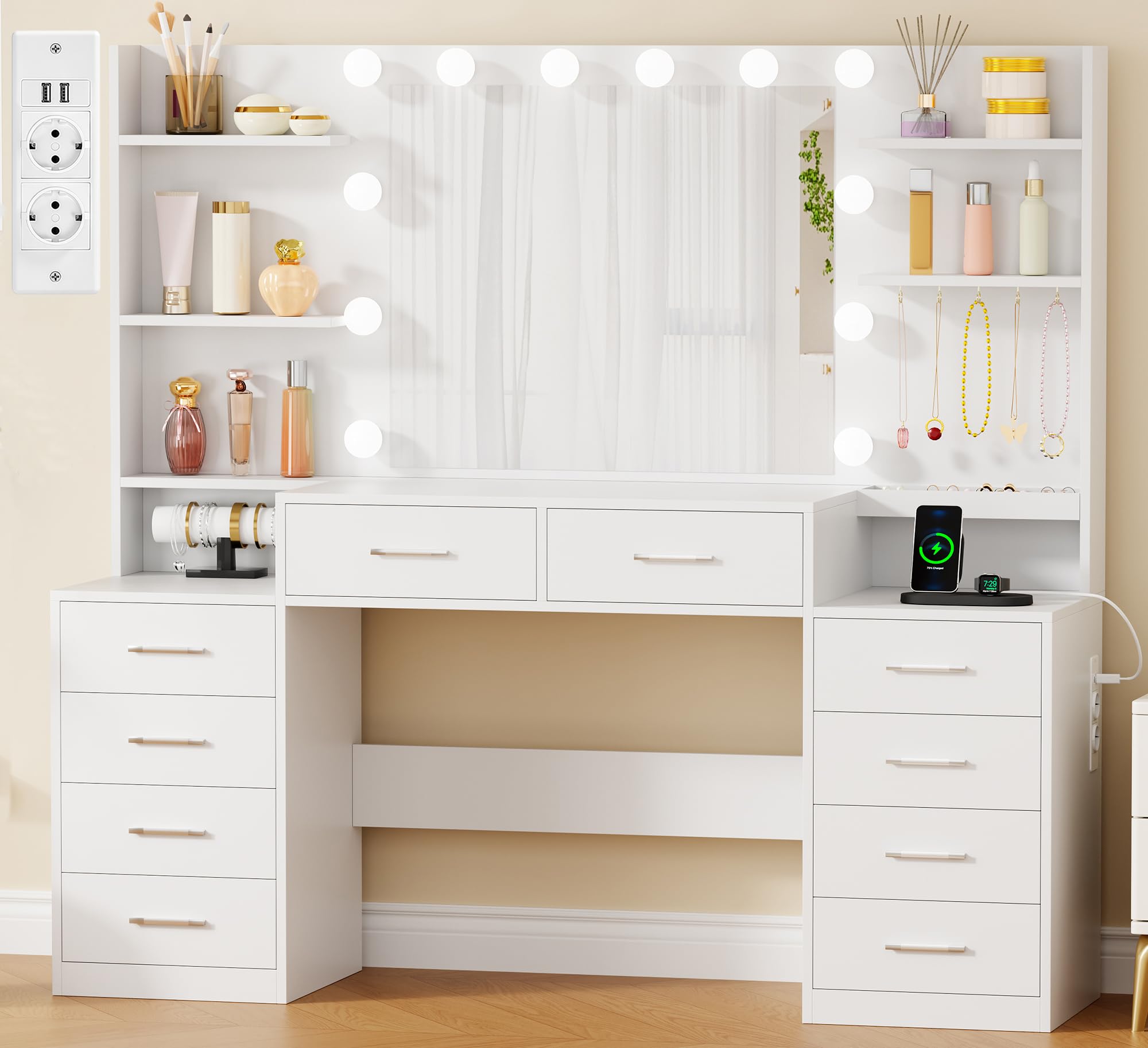 BEWISHOME Toletta da Trucco con Specchio Contenitore per Gioielli,Toletta da Trucco con Luci LED e Prese,Luminosità Regolabile,Toeletta con 10 Cassetti,5 Aperti,5 Ganci,Moderno Bianco EFST52M