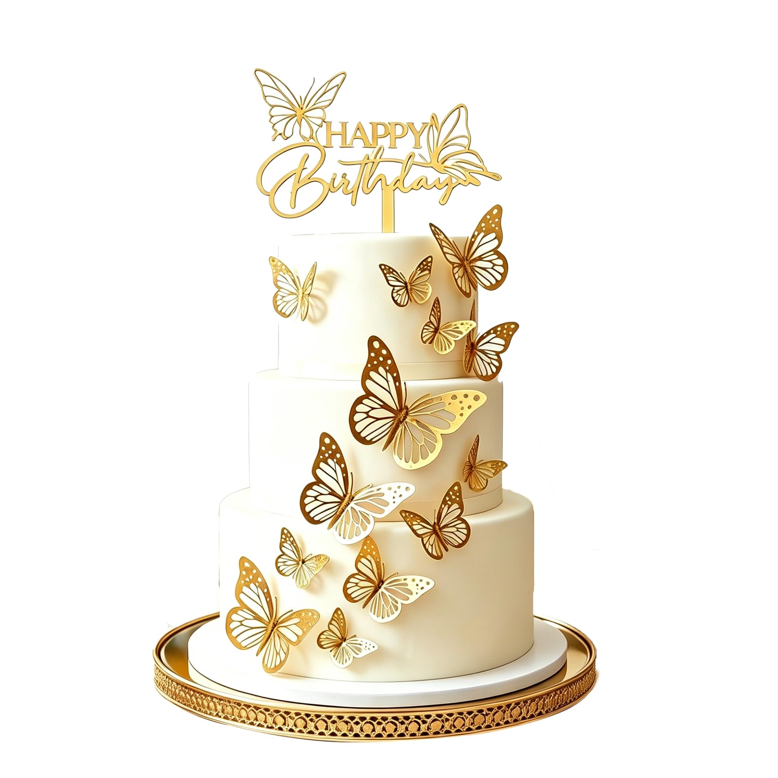 Daxiangsheng Butterfly Theme Happy Birthday Cake Topper, Gold 13Pcs