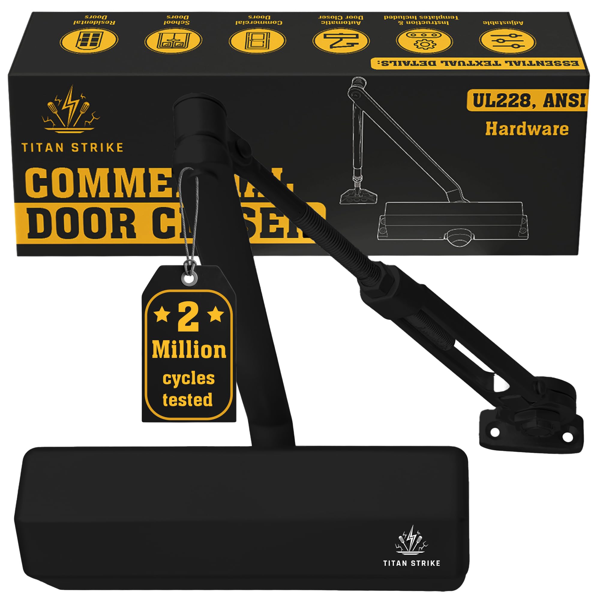 Photo 1 of TITAN STRIKE Heavy Duty Automatic Door Closer with Hold Open, Commercial Indoor/Outdoor Adjustable Door Closure, ANSI Grade 1, UL Certified, ADA Compliant, (44-330lb, 30-60in) – Black