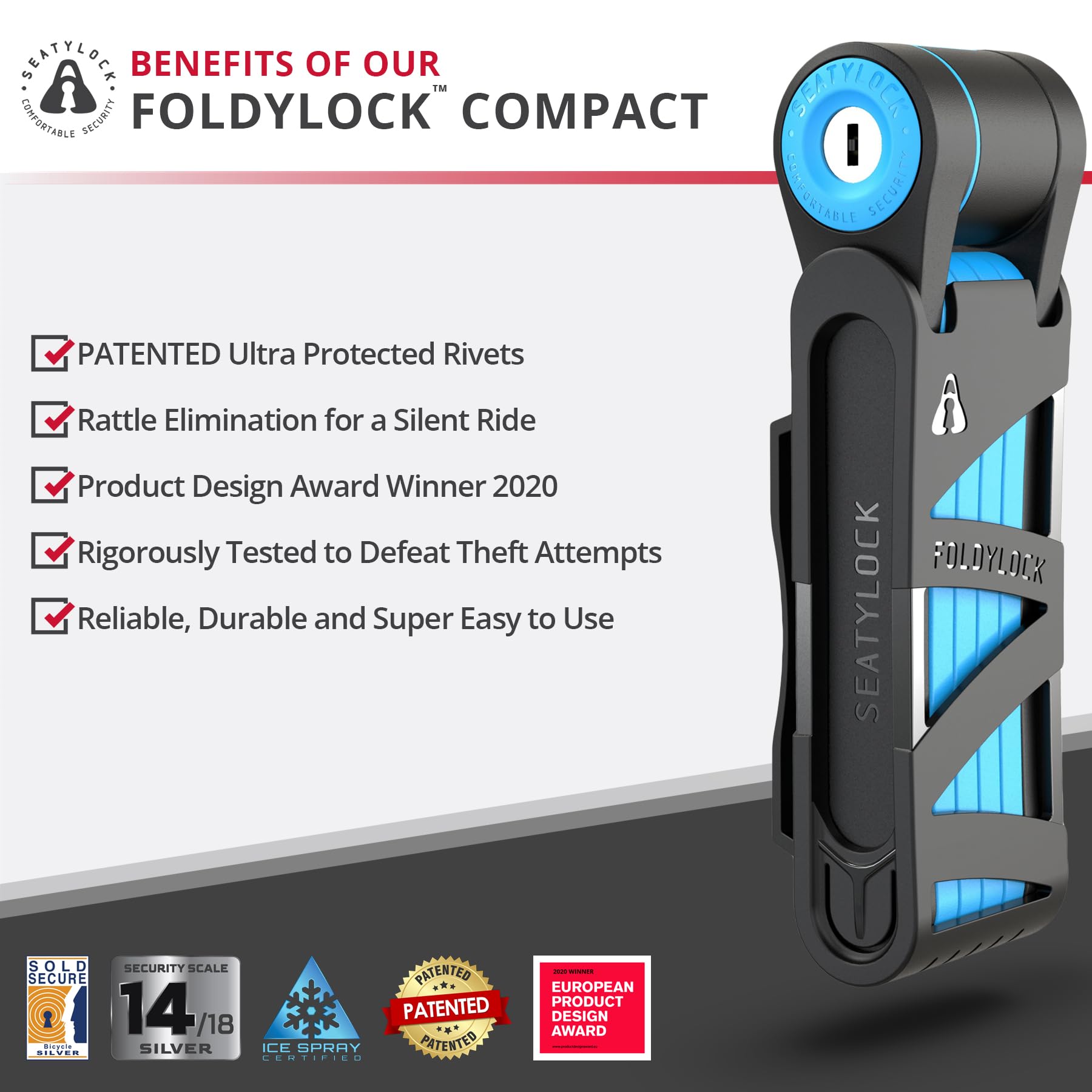 FoldyLock - Lucchetto compatto pieghevole per bicicletta, pluripremiato, leggero, ad alta sicurezza, antifurto, con chiave e custodia, 85 cm