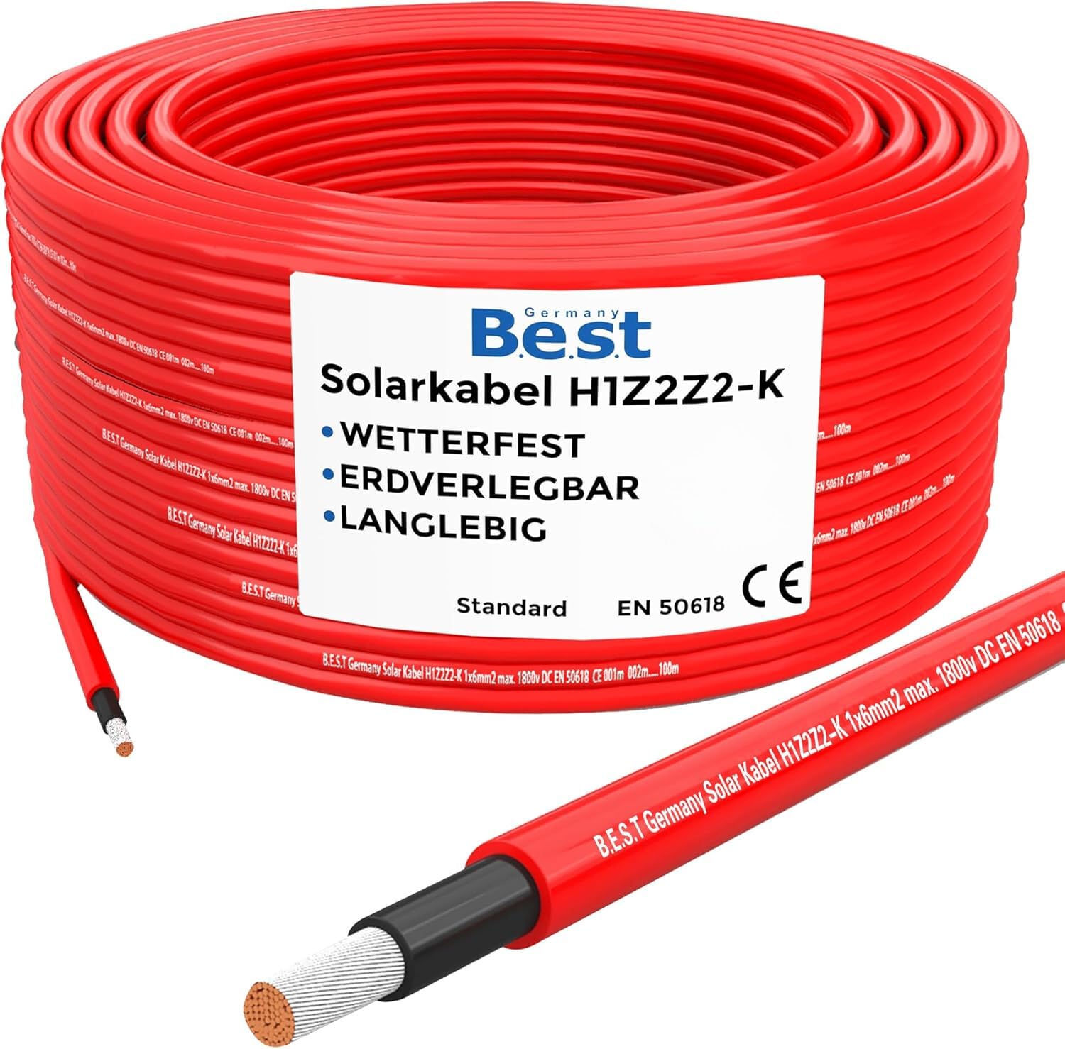 Best Germany Solarkabel Solarleitung 10mm² reines Kupferkabel H1Z2Z2-K 50m PV Rot