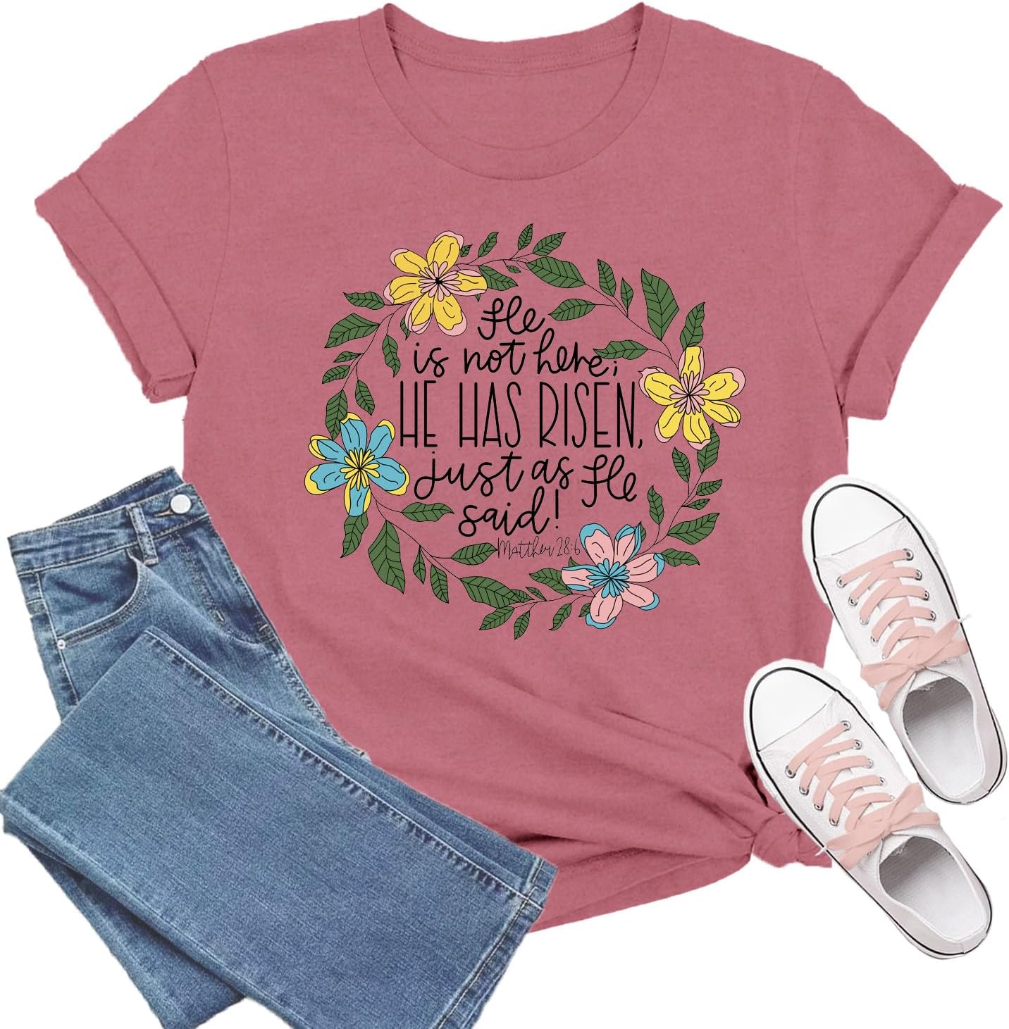 Easter Shirts for Women Christian Easter T-Shirt Floral Wreath Tee Tops