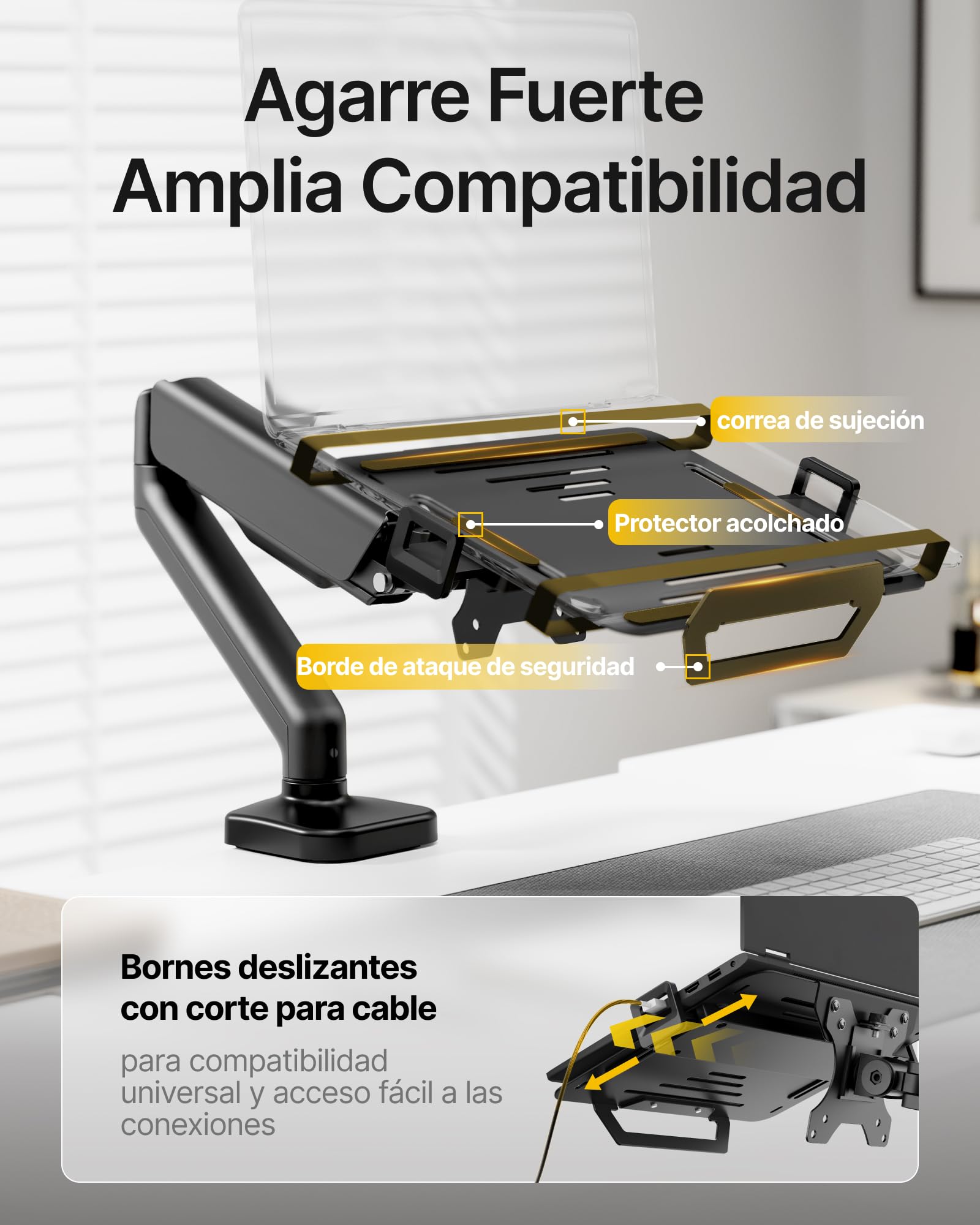 monTEK Soporte 2en1 Monitor 17-32" Portátil 12-18", VESA 75/100 | Brazo ajustable ergonómico con abrazadera y pasacables, montaje sencillo, ahorra espacio ideal para oficina y hogar