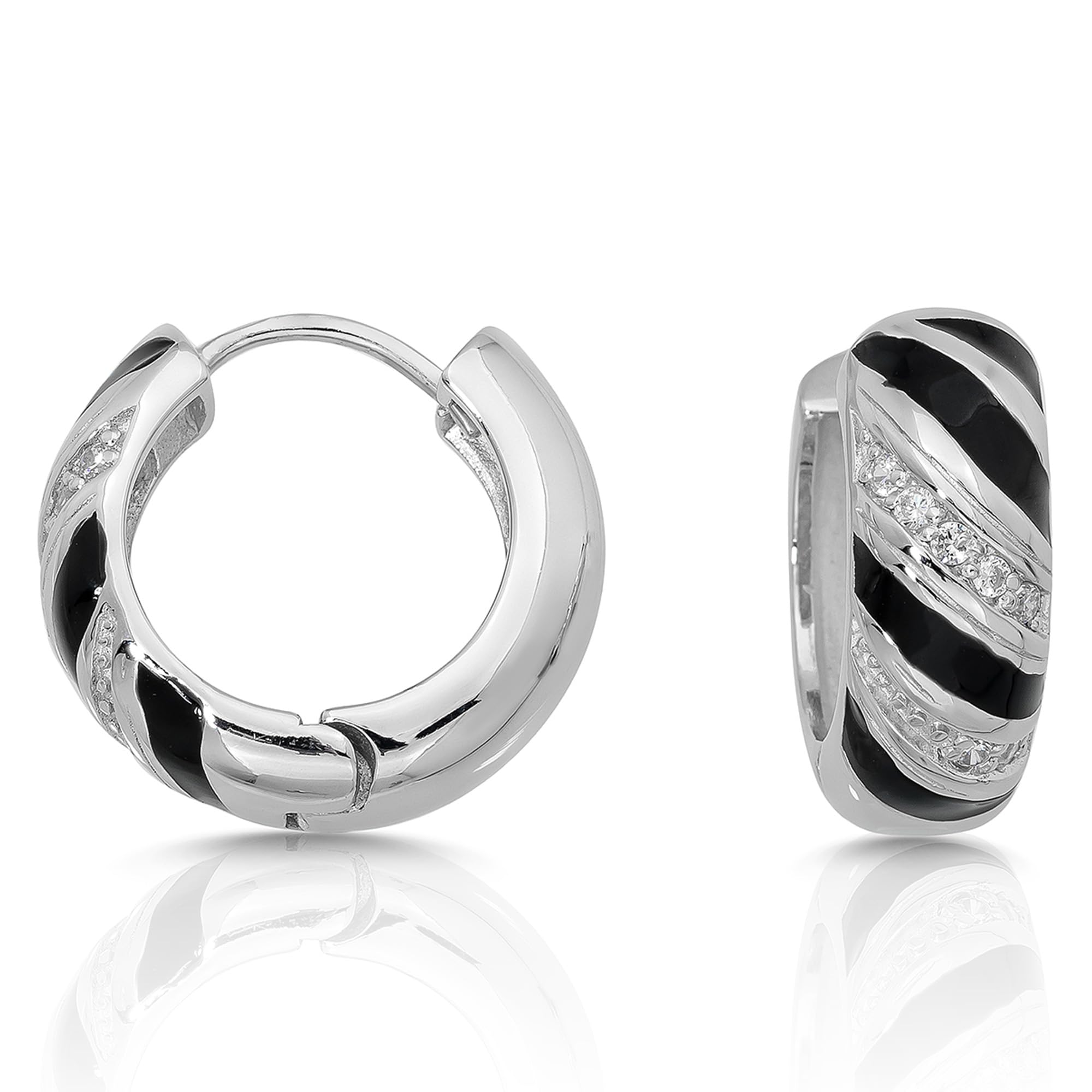 Cassini | Creolen mit Zirkonia-Kristallen, elegante Damenohrringe, breite Creolen mit schwarzen Streifen, ⌀ ca. 20 mm 3CSJ