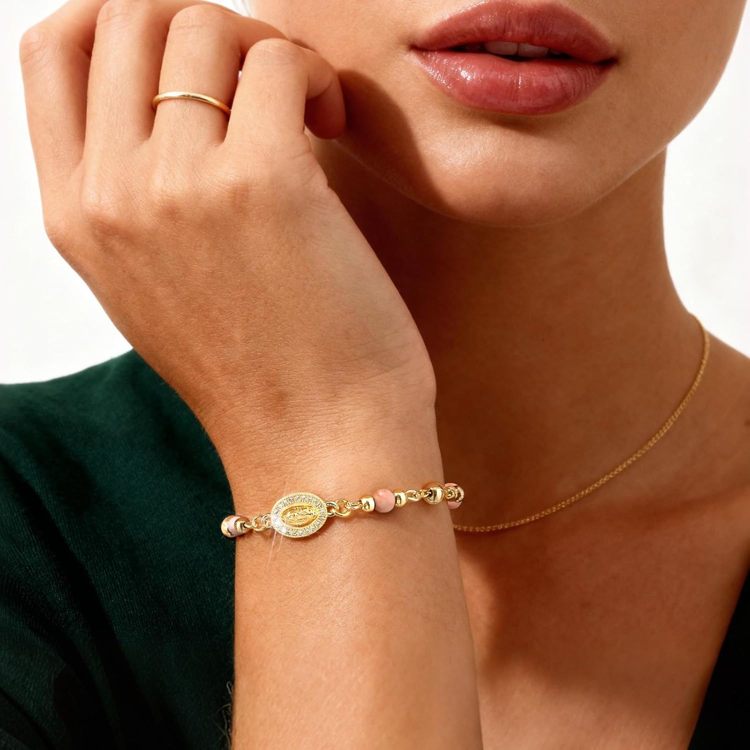 Women's Gold Virgin Mary Bracelet - 14K Gold Plated Religious Cross Bracelet,Dainty Golden Non Tarnish Virgen De Guadalupe Natural Stone Beaded Jewelry,Catholic Faith Baptism Confirmation Gift for Her - Image 2