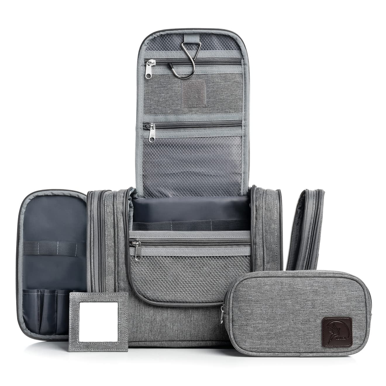 Obics Neceser 8L XXL Mujer Hombre Viaje Grande Gris - Bolsa de Aseo para Colgar y con Espejo - Neceser con asa para Colgar - Neceser Grande - Neceser con 10 Compartimentos para Camping