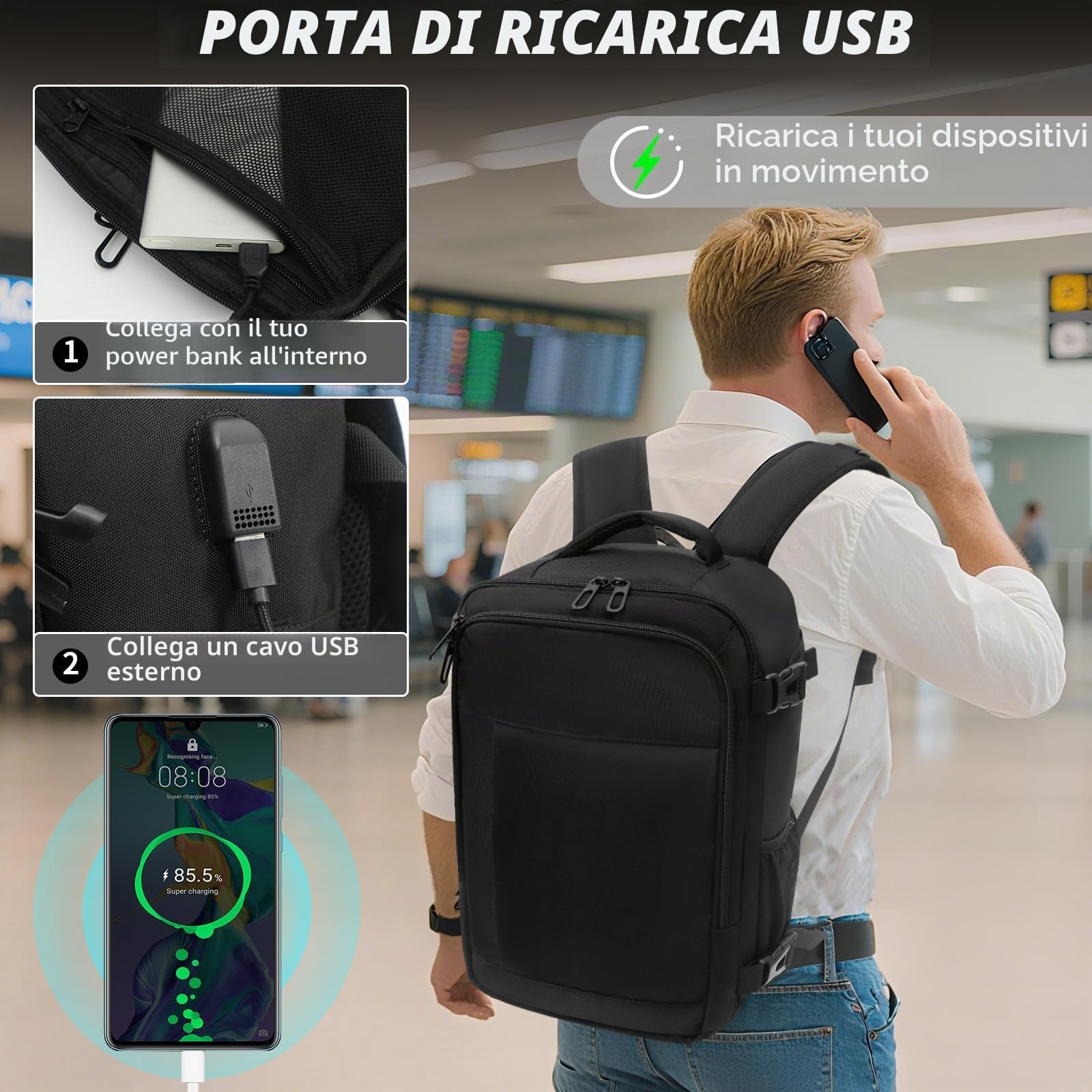 CNMTCCO Zaino Ryanair 40x30x20 Zaino da Viaggio Aereo Bagaglio a Mano Donna Uomo Zainetto Porta PC 14 Pollici per Lavoro Scuola Trekking