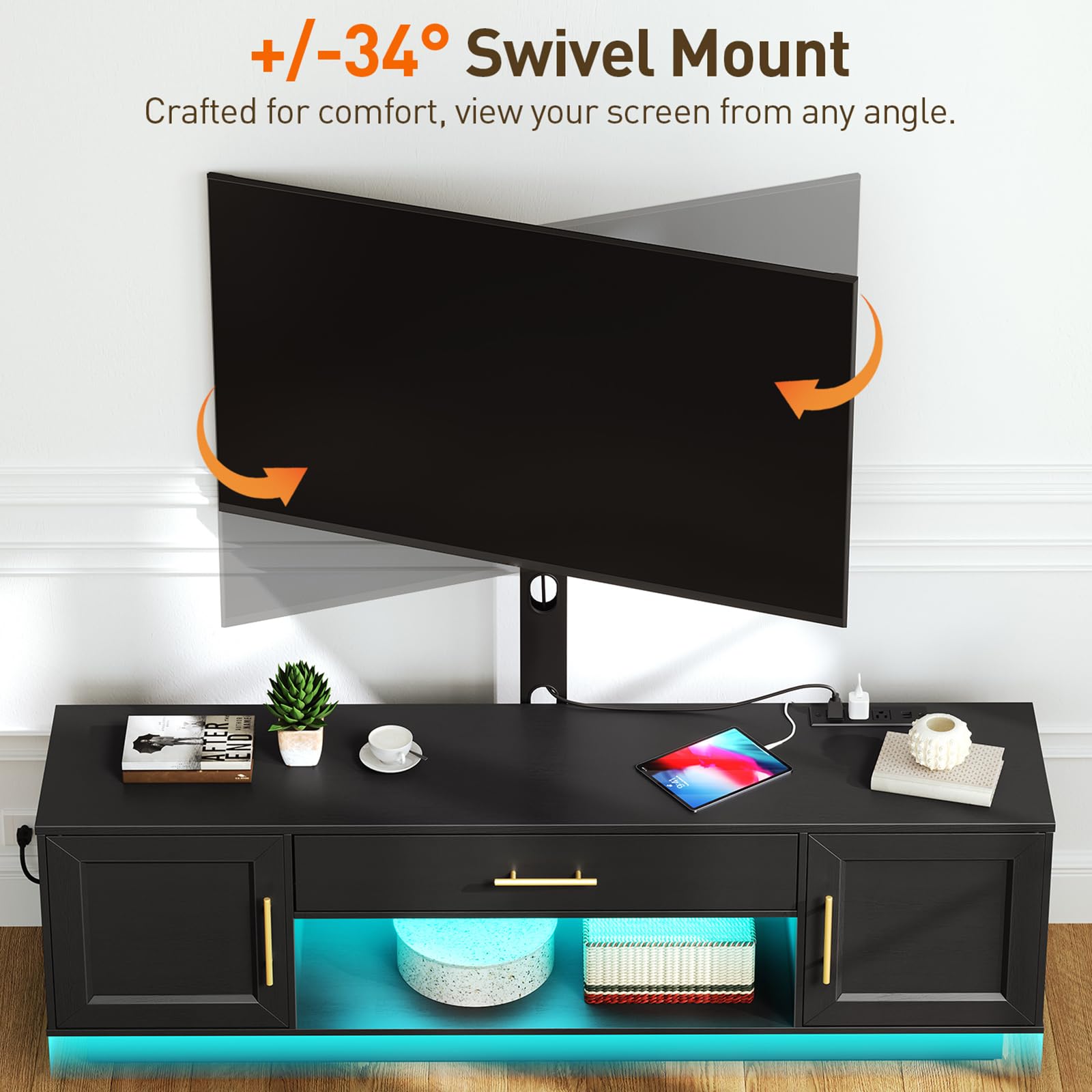TV Stand with Mount Power Outlet 59.1", Swivel LED Entertainment Center for 32/45/55/60/65/75 inch TVs, Height Adjustable Modern Media Console Cabinet, TV Table for Living Room, Bedroom, Black