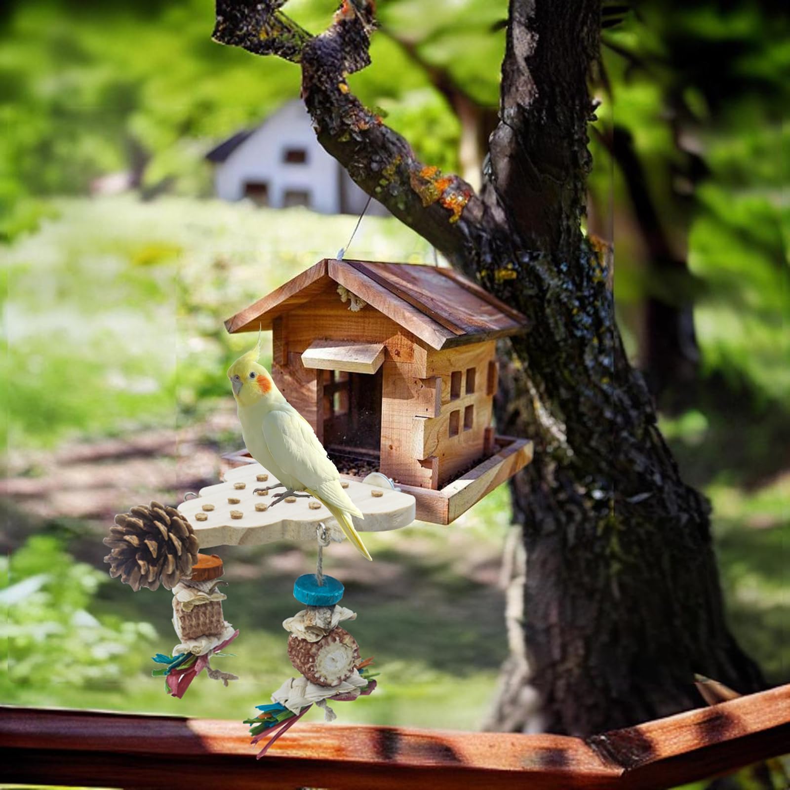 Parrot Toys, Parrot Wooden Toys Long Tailed Bird Toys with Pure Natural Corn Sticks and Pure Natural Pine Cones, Fun Bird Cage Accessories - image 4