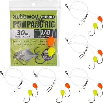 Pompano Surf Fishing Rigs with Floats, 6-Pack, 1/0 2/0 Circle Hooks | Hand-Tied Heavy Duty 2-Drop Hi-Lo saltwater fishing Rig with Inline Circle Hooks, Duo-Lock Snap Swivel, for Whiting Redfish