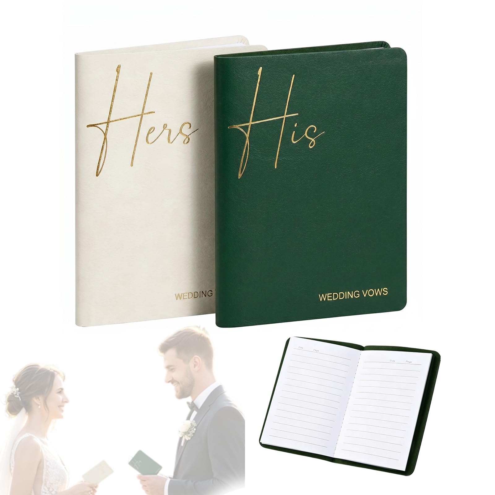 2 Cuadernos de votos de Boda Personalizados | diseñados especialmente para los novios — regalo de matrimonio. Cubiertas en color verde y blanco, 14 páginas por unidad.