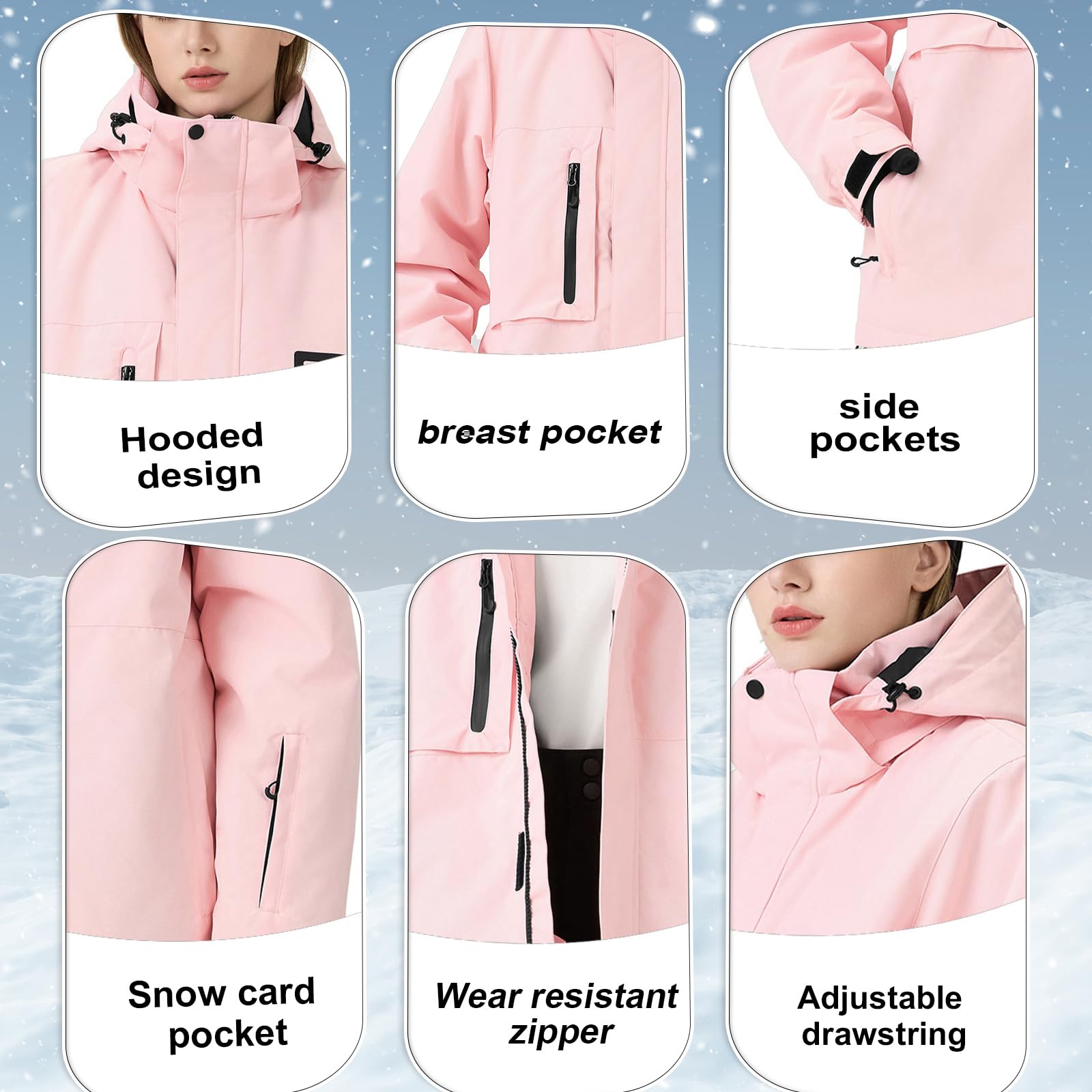 HOUZONIY Tuta da neve da donna, da sci e pantaloni da sci, impermeabile, calda, con cappuccio rimovibile, per sci, snowboard