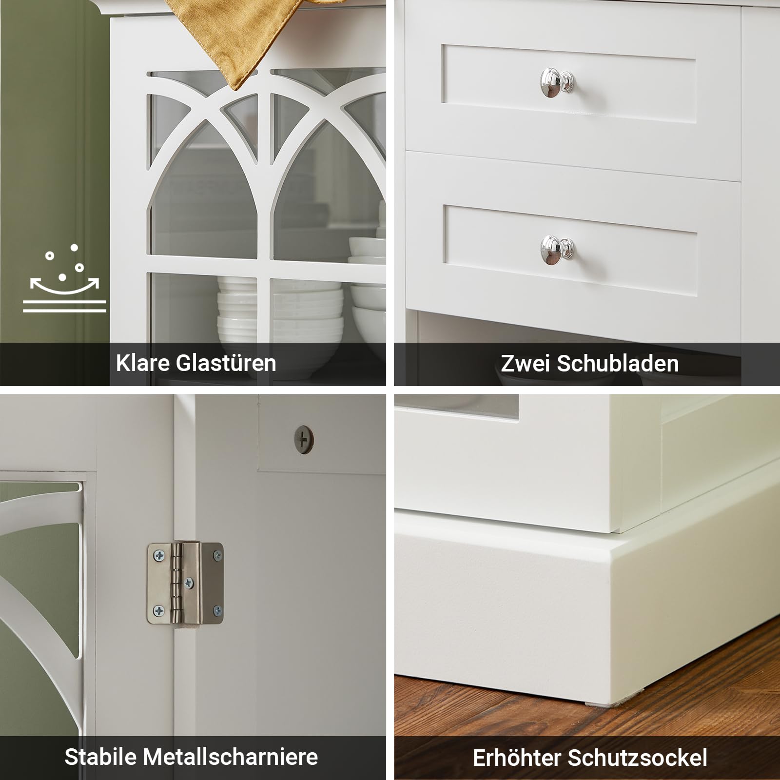 SoBuy Sideboard Küche mit Glastüren, Schubladen & offenem Fach, 120×78×39cm | Buffetschrank, große Arbeitsplatte, 80 kg Tragkraft, staubgeschützt, MDF, für Esszimmer & Wohnzimmer & Kaffeeecke, FSB79-W