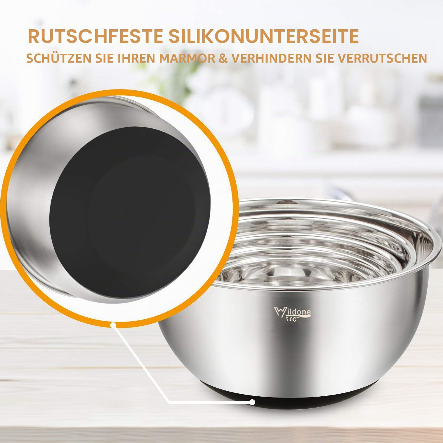 Rührschüsseln 5er-Set, Wildone Edelstahl mit luftdichten Deckeln, 3 Reibenaufsätzen, Messmarken und rutschfesten Böden, Größe 5, 3, 2, 1,5, 0,63 QT, ideal zum Mischen und Servieren