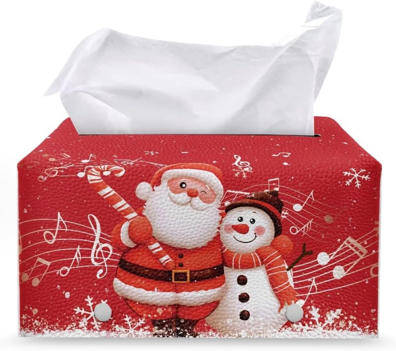Christmas Tissue Box Cover 9x5x5 Inch Snowman Santa Music Pattern Cube Tissue Box Holder for Car Large Capacity Design Soft PU Leather Tissue Cover Box for Bedroom Dresser