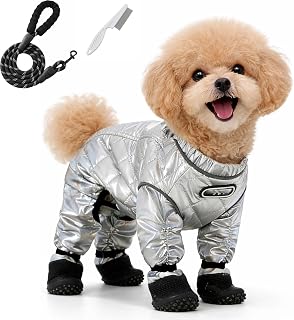 Dog Snowsuit with Attached Boots, Waterproof Insulated Quilted Full Body Suit, Reflective Outdoor Walking Snow Outfit for Small Medium Dogs Cold Weather (Silver, M)