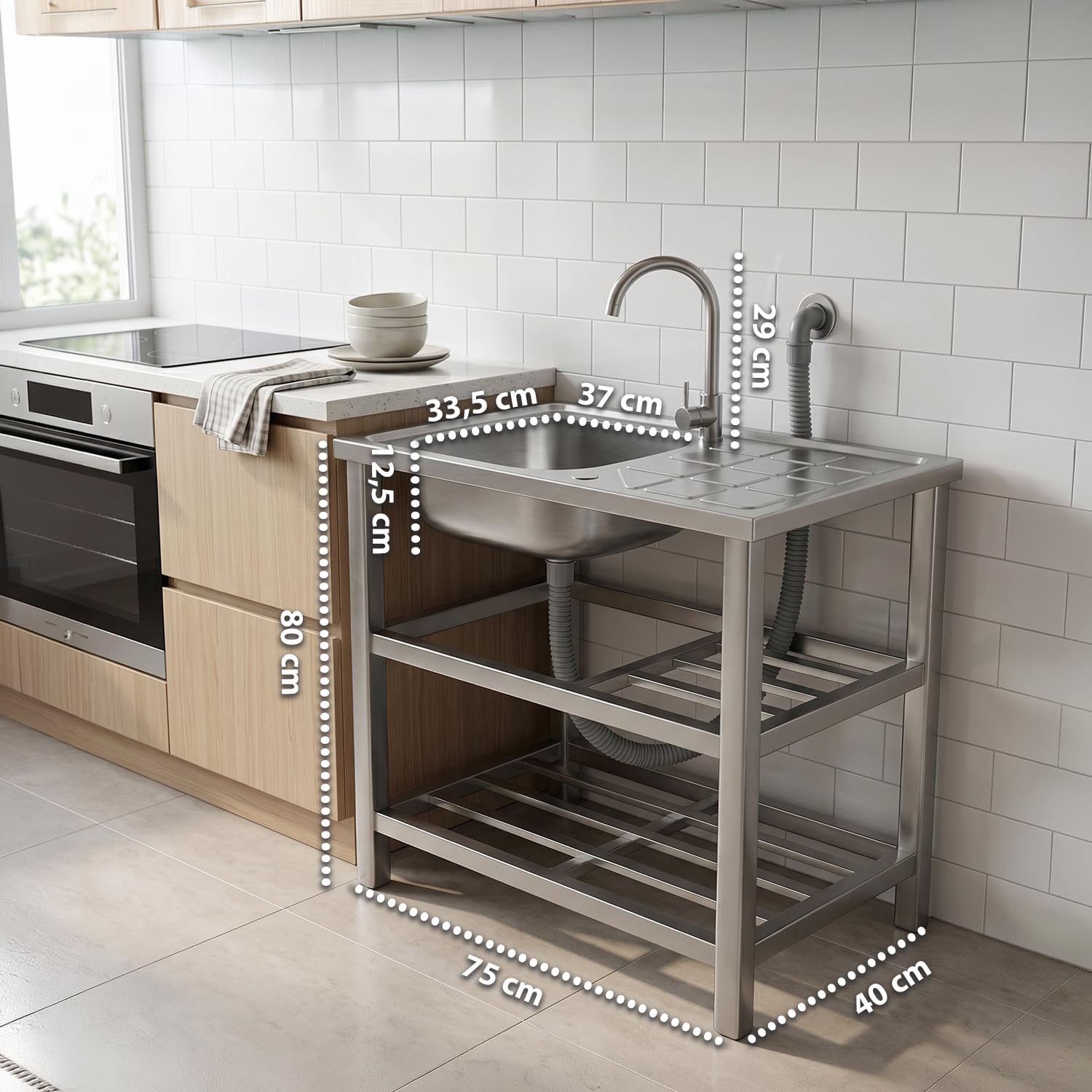 Avilia - Lavello Multifunzione in Acciaio Inox Professionale con Fontana – Lavandino da Esterno e Interno Reversibile – Dimensioni 75x40x80 cm con Doppia Mensola, Rubinetto e Kit Scarico Completo