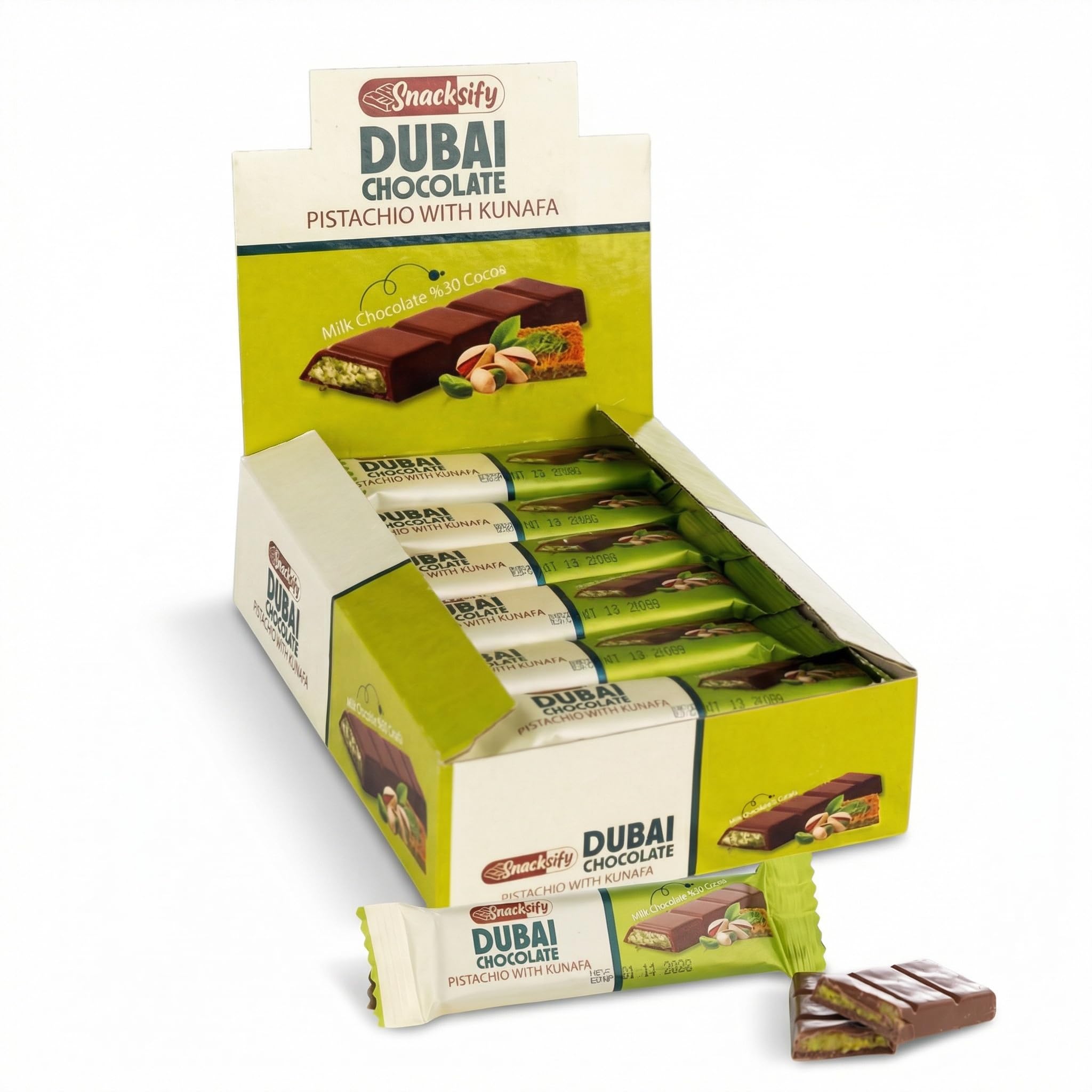 Mini Dubai Chocolate Bar Pistachio (Pack of 24) - Kunafa Pistachio Bars, 27g Each, 1.43 lbs Total – Perfect for Gifting, Fresh Daily Production, 24