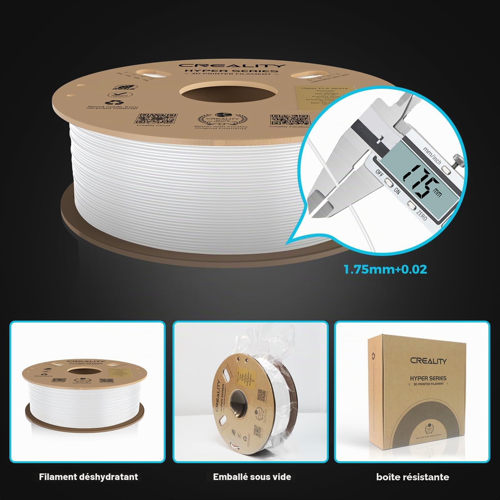 Creality Hyper PLA Filament Pour Imprimante 3D 1,75 mm 1 kg, PLA Haute Vitesse 30 à 600 mm/s, Précision Dimensionnelle +/- 0,02 mm, for Avec la Plupart Des Imprimantes 3D,Blanc