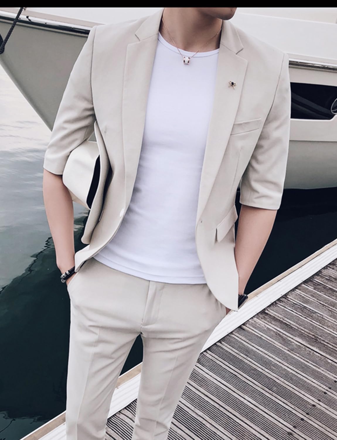 Ulnomio Uomo Mezze Maniche Vestito Set Due Pezzi Notch Risvolto Un Pulsante Gomito Manica Giacca e Pantaloni Gioco di Ruolo Tutti i Giorni