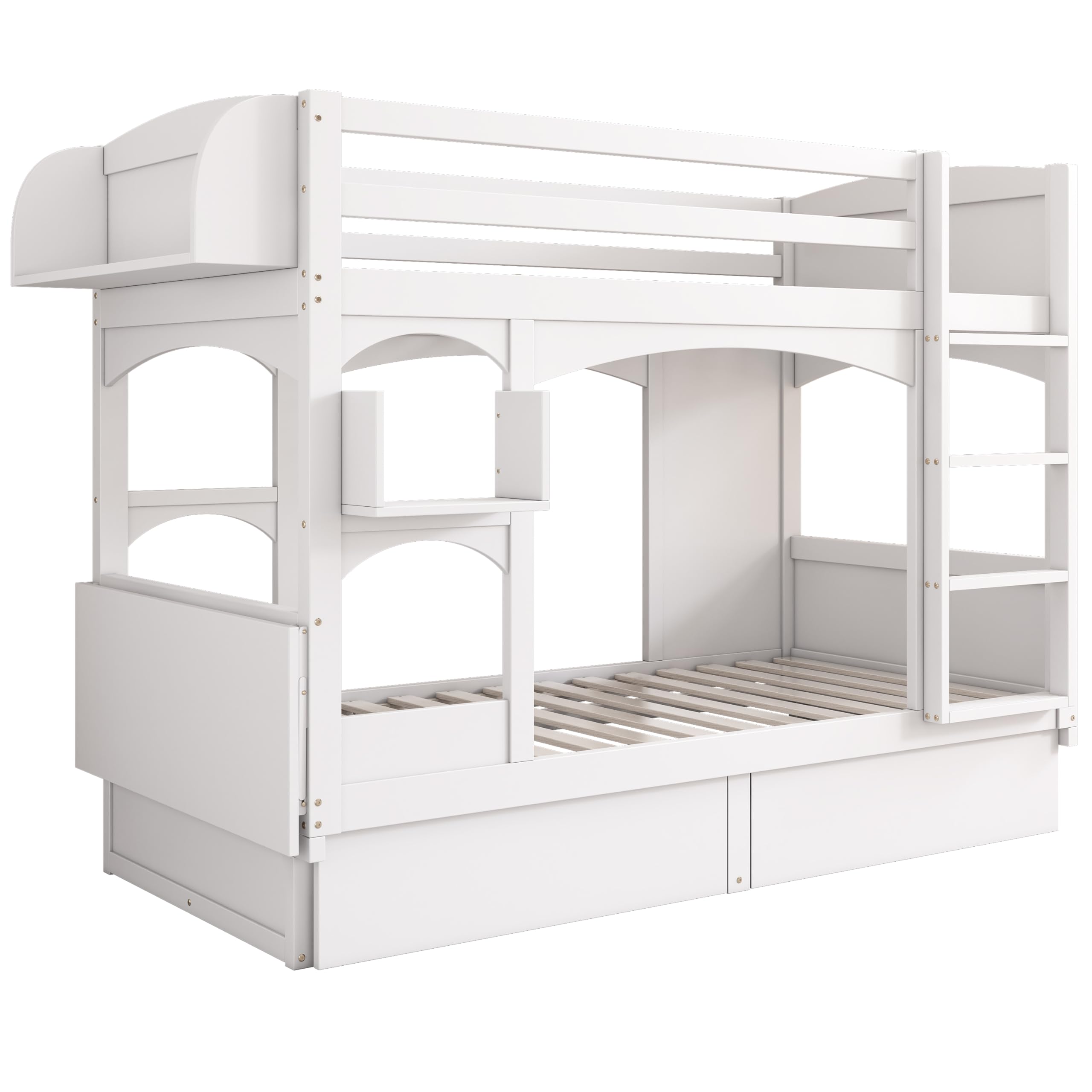 Letto a castello per bambini, 90 x 200 cm, letto matrimoniale, con scrivania pieghevole e mensola, con scala e 2 cassetti, senza materasso, legno massello, bianco