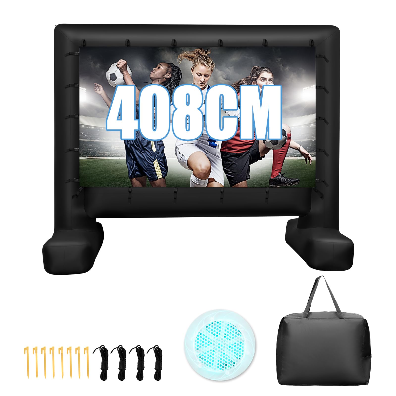 GYMAX Schermo Proiettore Gonfiabile 4 M/4,5M, Telo Proiettore Pieghevole Portatile per Film con Soffiatore d'Aria, Schermo Doppia Faccia, Borsa, Picchetti, per Giardino, Terrazzo, Esterno (4M)
